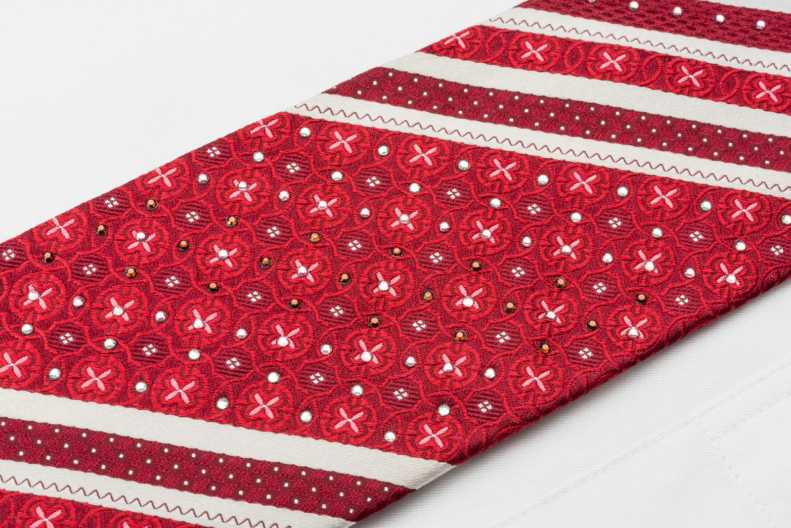Tallgent Silk Rhinestone Necktie Stripes On Red With Silver Sparkles - Image 2