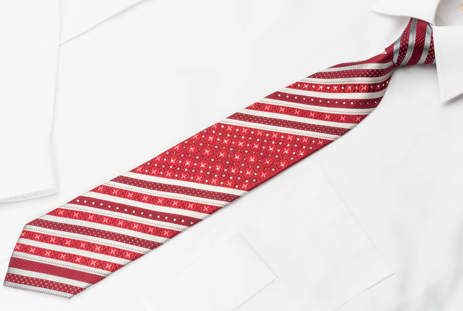 Tallgent Silk Rhinestone Necktie Stripes On Red With Silver Sparkles - Image 3