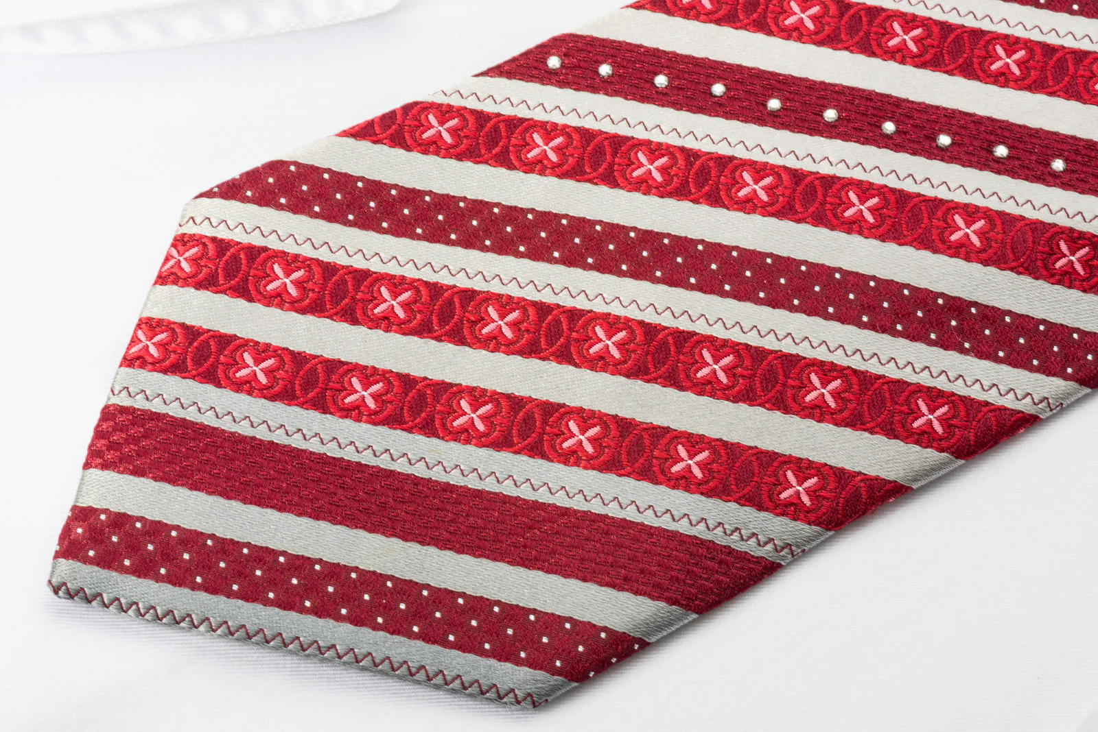 Tallgent Silk Rhinestone Necktie Stripes On Red With Silver Sparkles - Image 4
