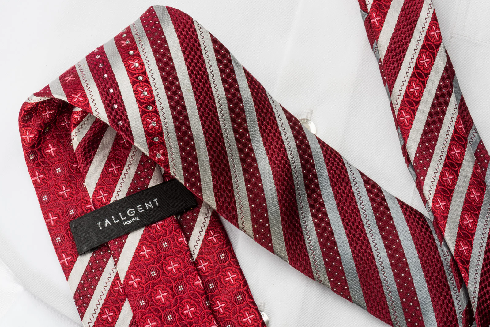 Tallgent Silk Rhinestone Necktie Stripes On Red With Silver Sparkles - Image 5
