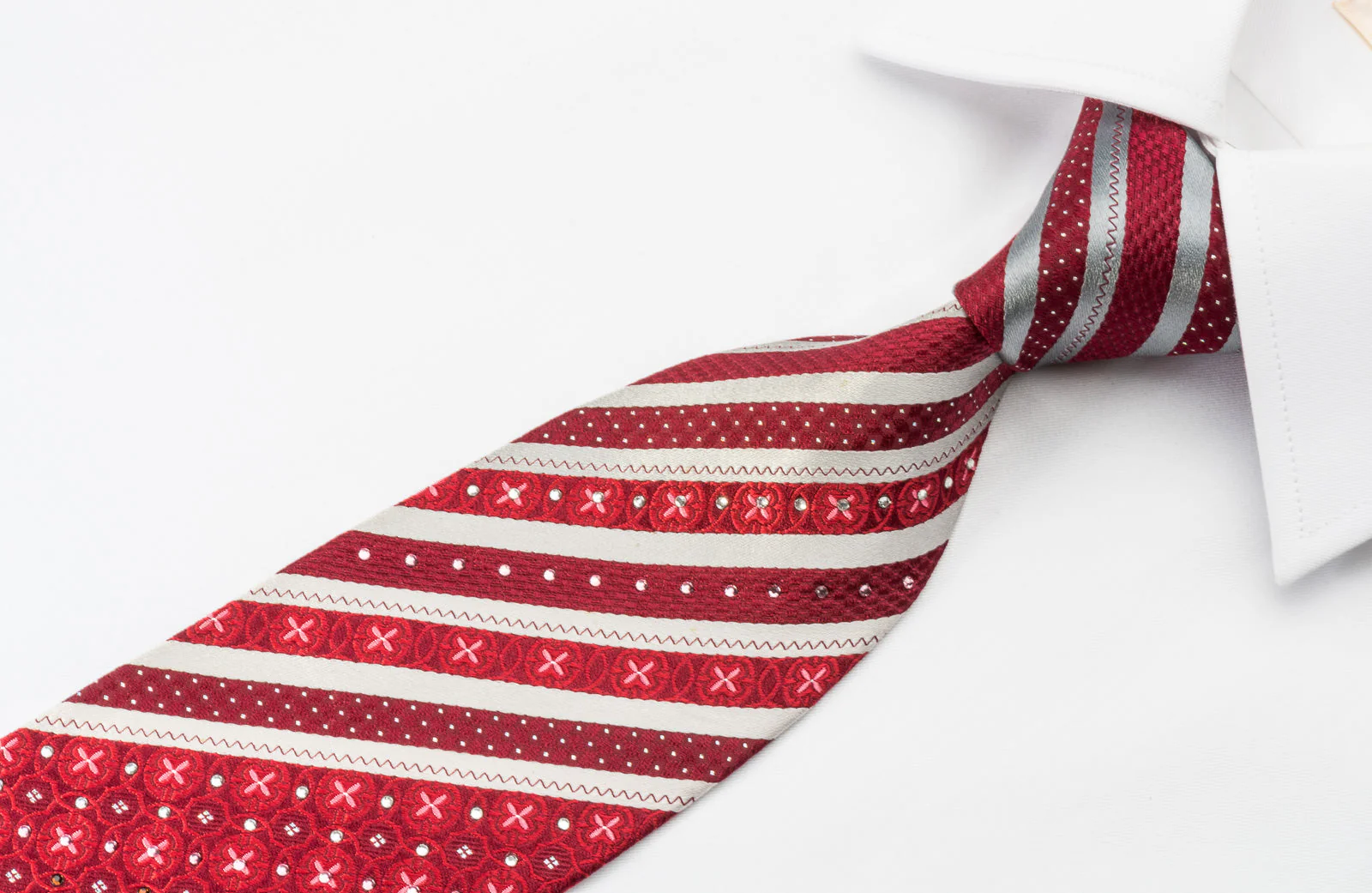 Tallgent Silk Rhinestone Necktie Stripes On Red With Silver Sparkles - Image 6