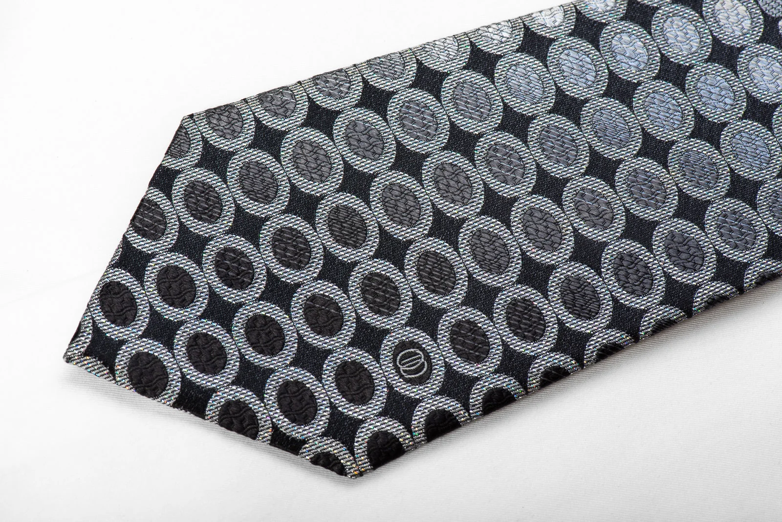 Tandy Men's Crystal Rhinestone Silk Necktie Silver Geometric On Black With Silver Sparkles - Image 3