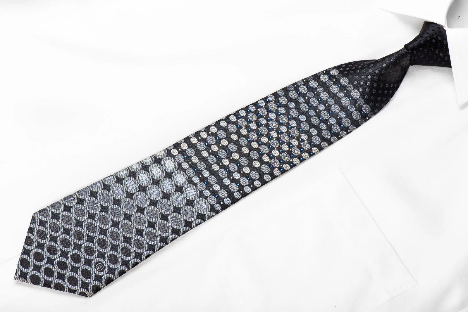 Tandy Men's Crystal Rhinestone Silk Necktie Silver Geometric On Black With Silver Sparkles - Image 5