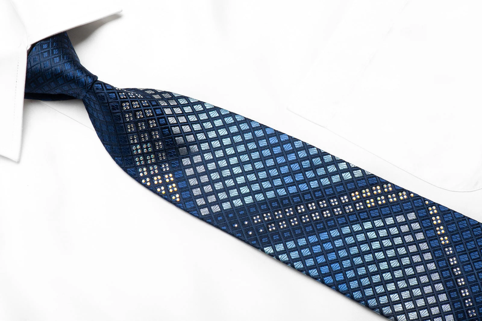Tandy Men's Crystal Silk Necktie Geometric On Blue Sparkling With Rhinestones - Image 3
