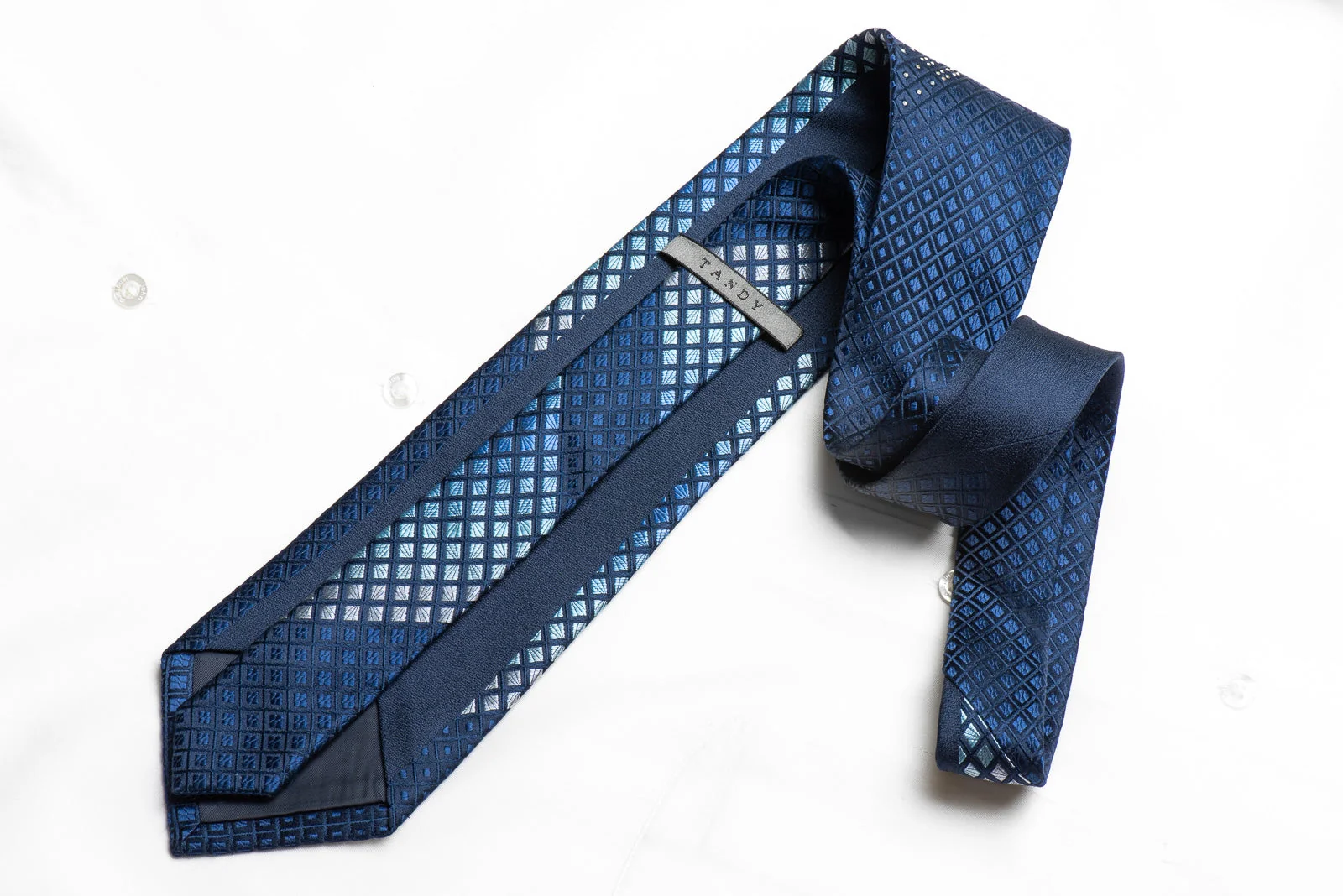 Tandy Men's Crystal Silk Necktie Geometric On Blue Sparkling With Rhinestones - Image 4