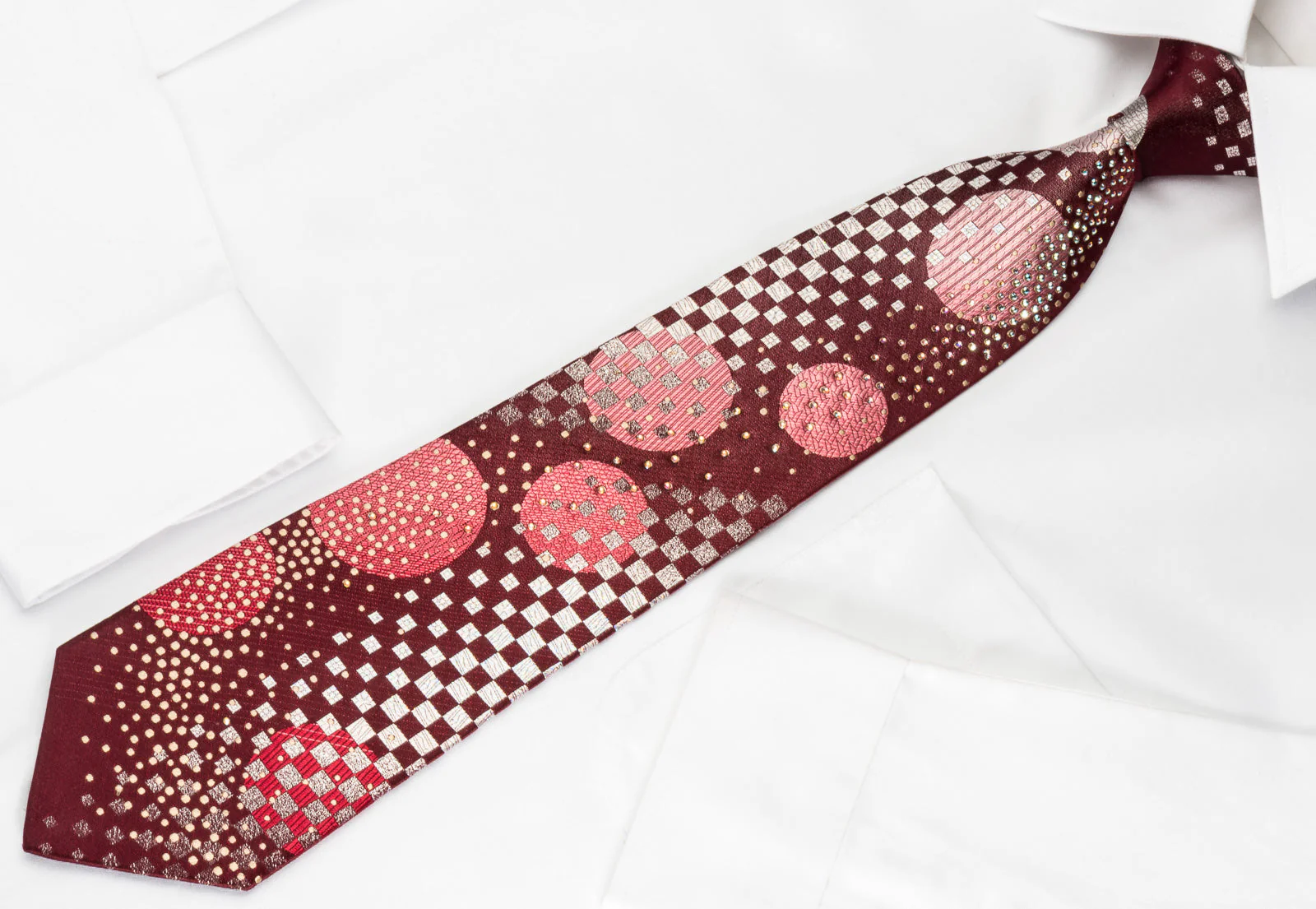 Tandy Rhinestone Silk Necktie Geometric On Burgundy With Silver Sparkles - Image 4