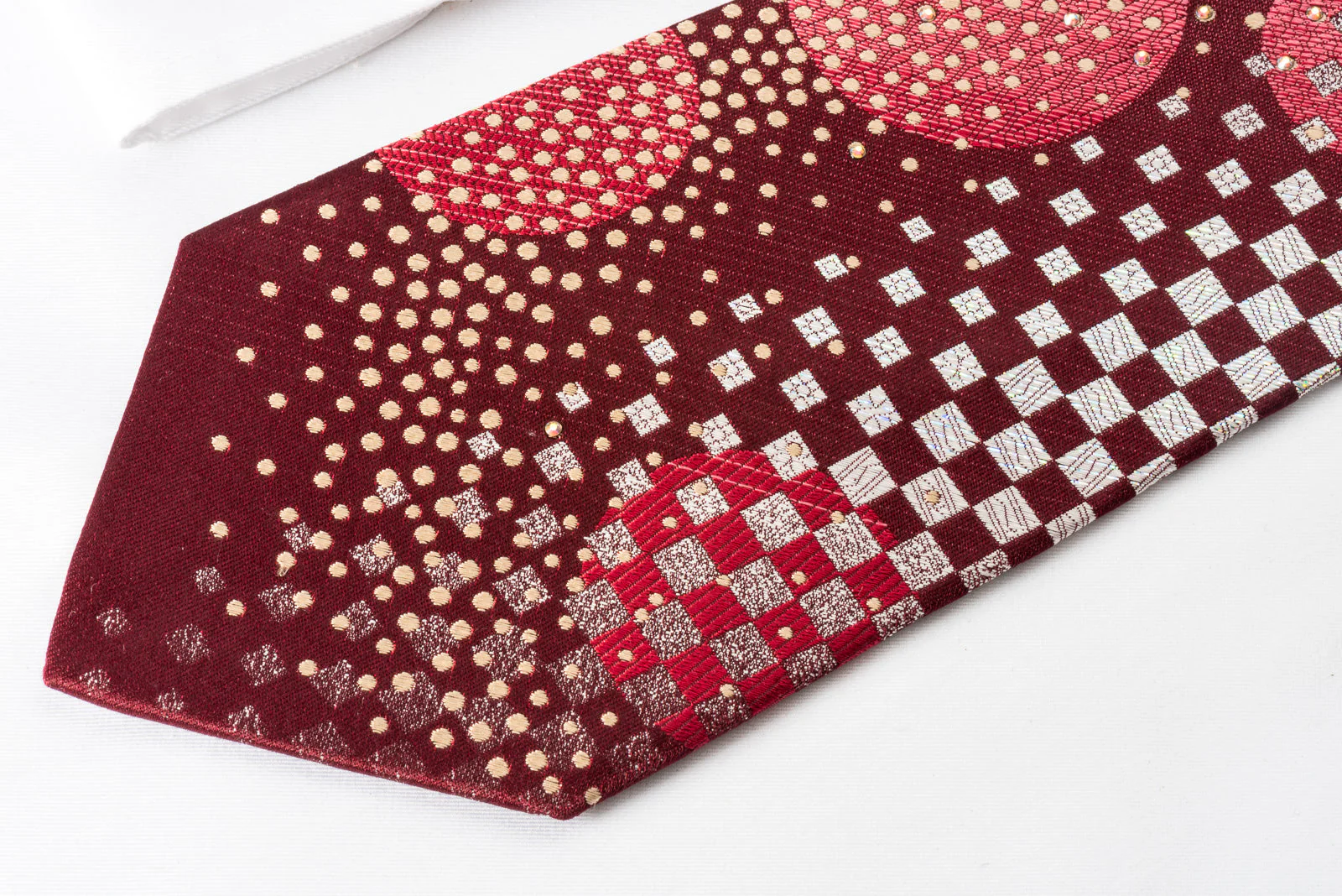 Tandy Rhinestone Silk Necktie Geometric On Burgundy With Silver Sparkles - Image 7