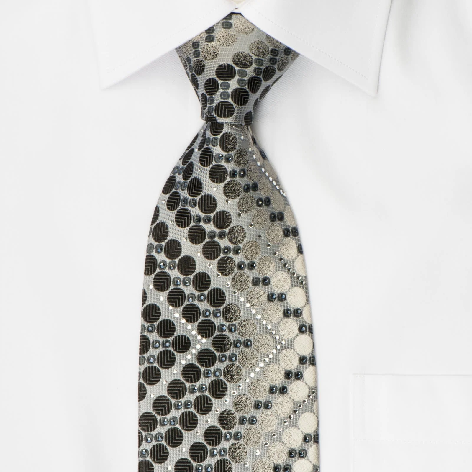 Tandy Rhinestone Tie Black Geometric Dots On Silver Silk With Micro Silver Sparkles - Image 4