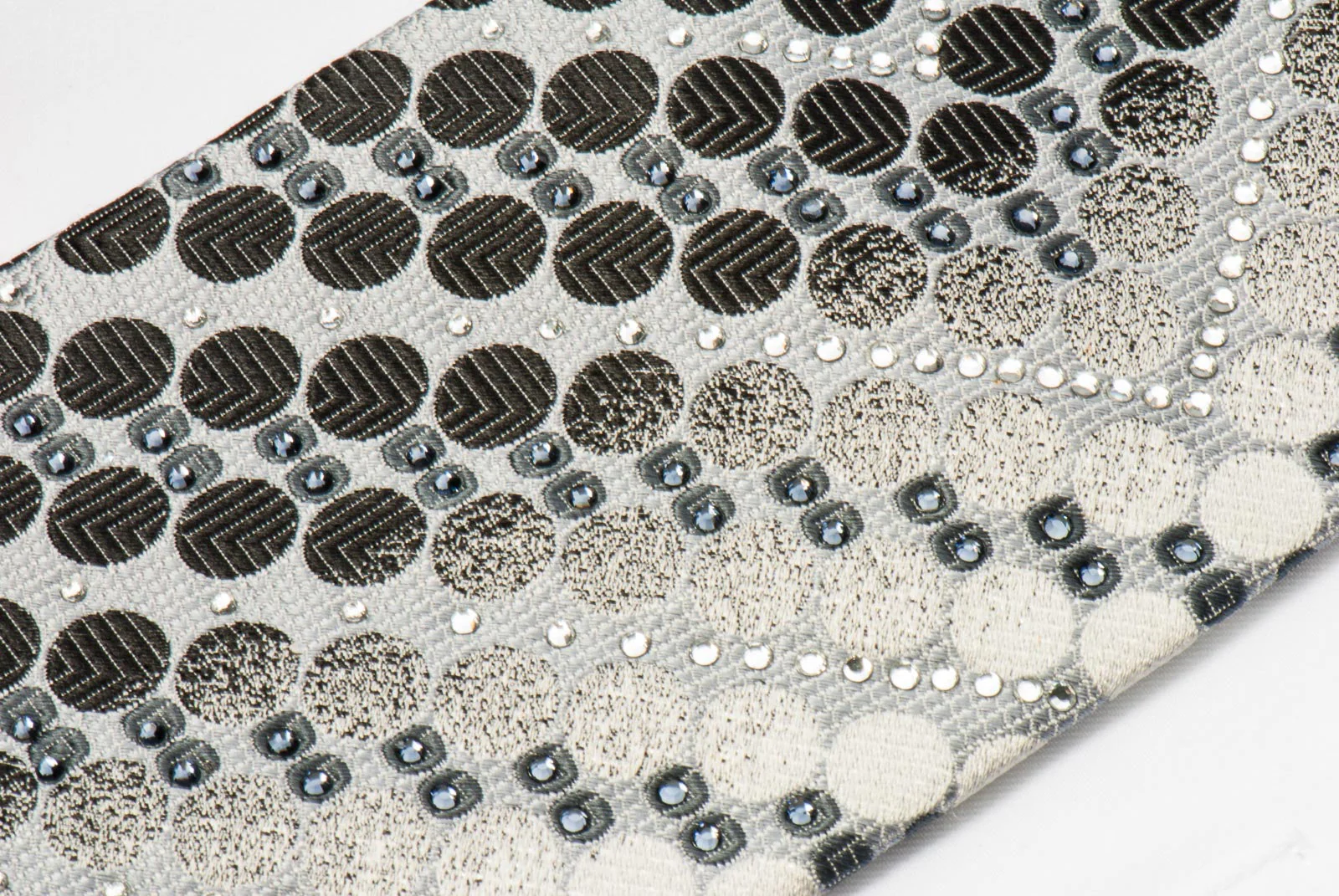 Tandy Rhinestone Tie Black Geometric Dots On Silver Silk With Micro Silver Sparkles - Image 6