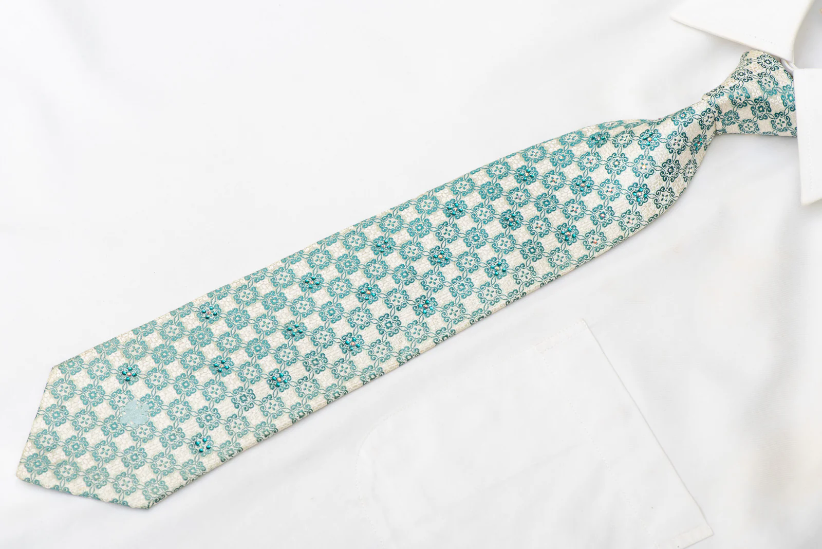 Teal Cartouche On Off White Rhinestone Silk Necktie With Green Sparkles - Image 3