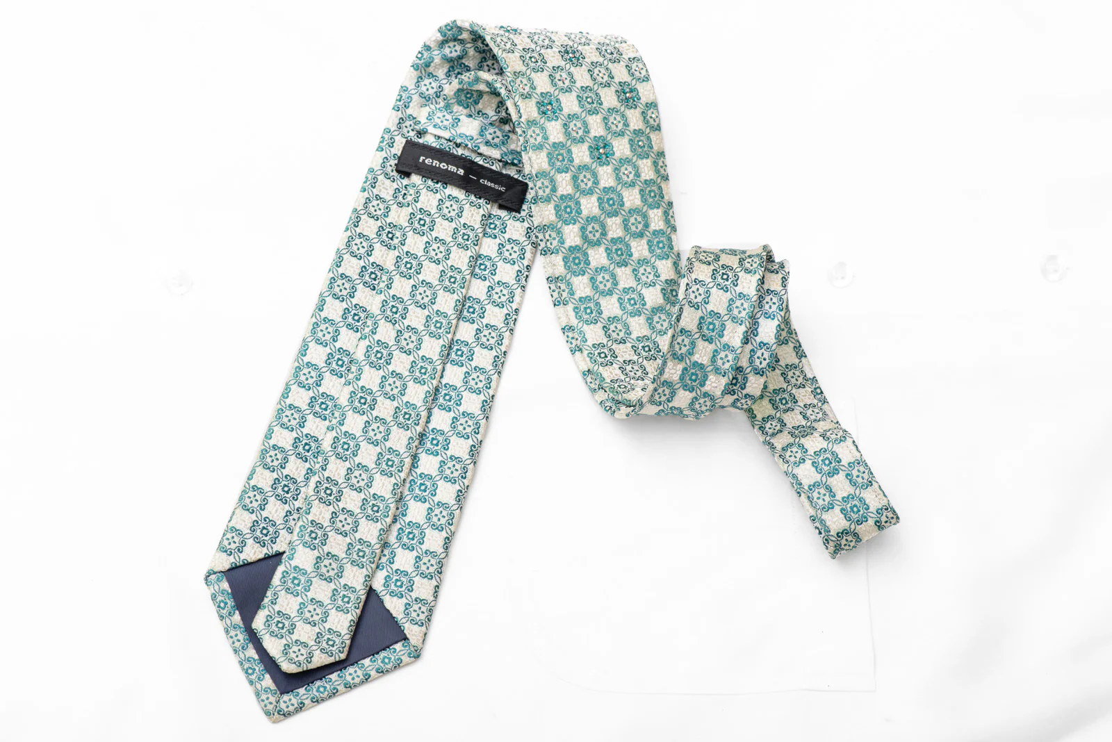 Teal Cartouche On Off White Rhinestone Silk Necktie With Green Sparkles - Image 4