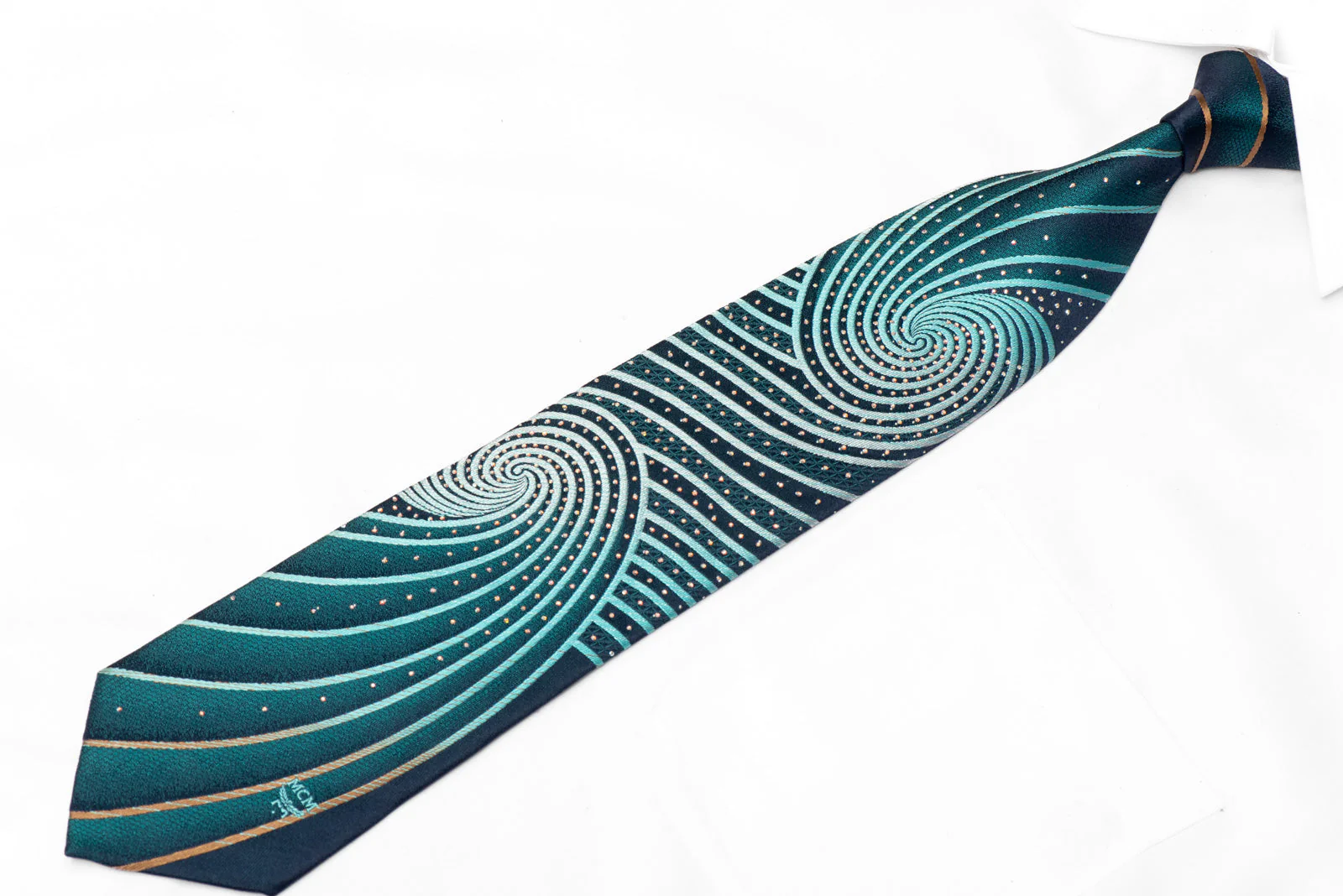 Teal Geometric On Navy Rhinestone Silk Necktie With Silver Sparkles - Image 2