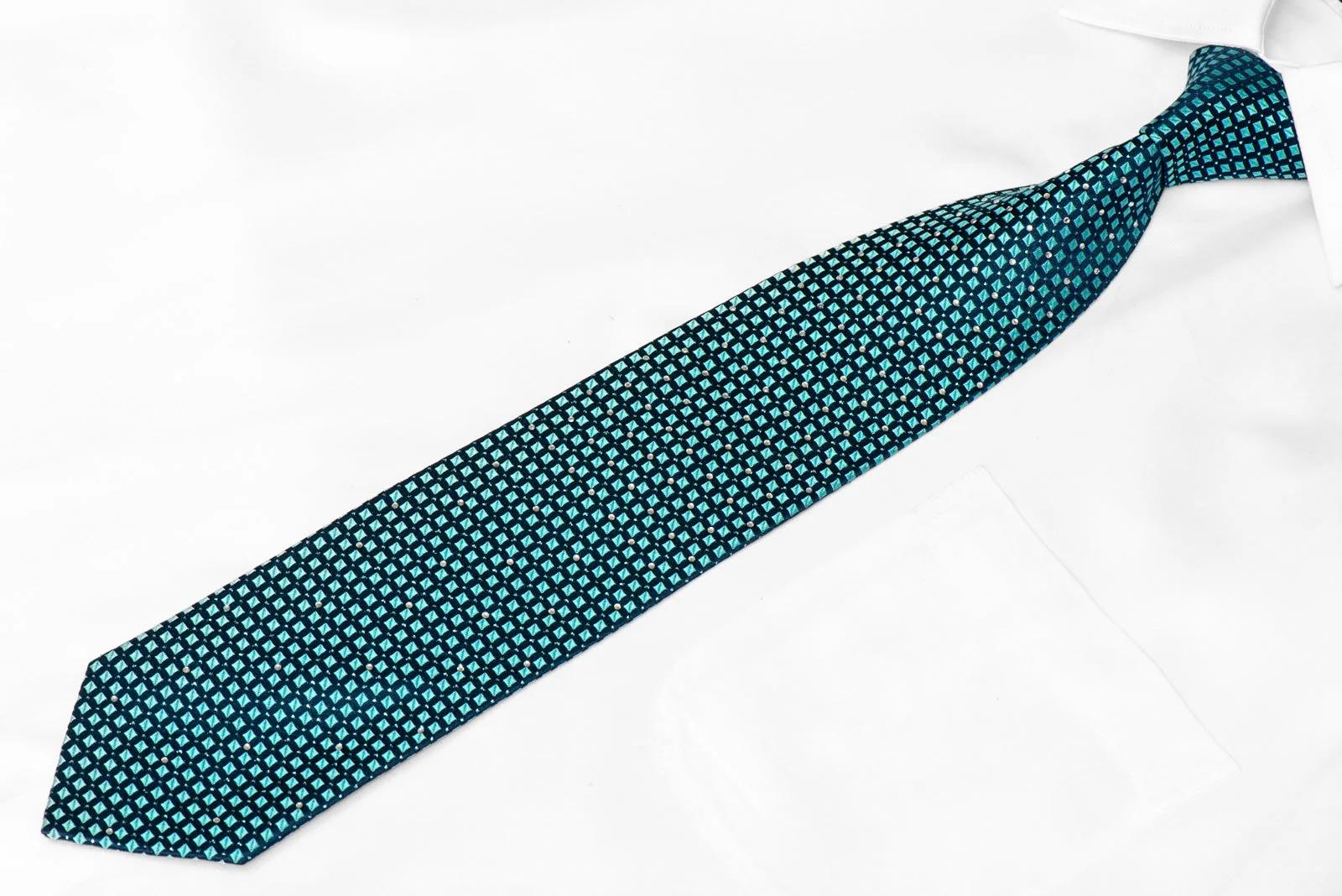 Teal Geometric Squares On Navy Rhinestone Silk Necktie With Teal Sparkles - Image 2