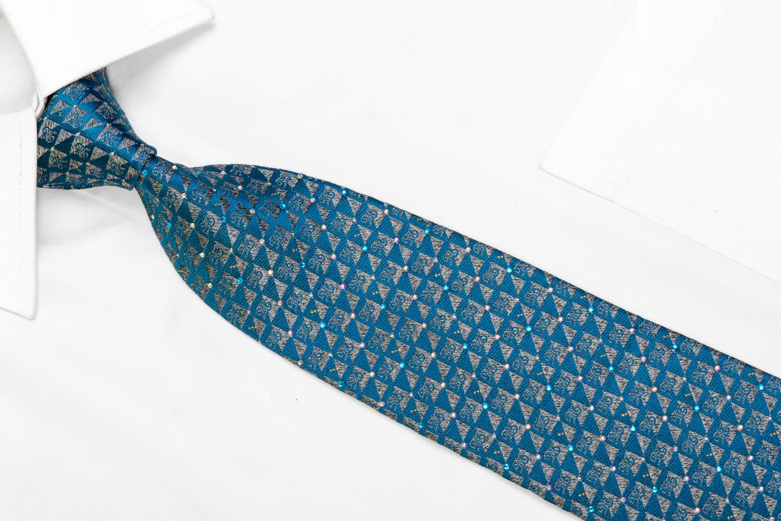 Teal Silver Gray Geometric Rhinestone Silk Necktie With Silver Sparkles - Image 2