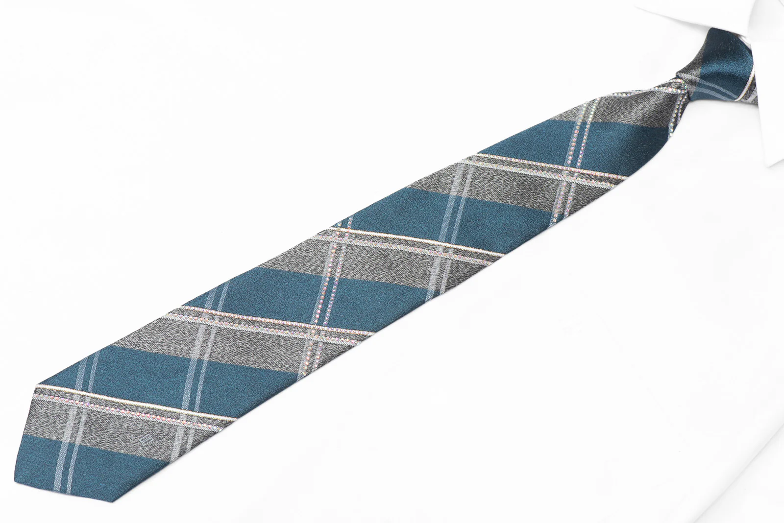 Teal Silver Plaid Rhinestone Silk Necktie With Silver Sparkles - Image 2