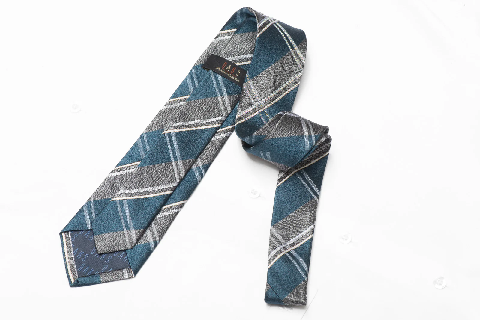 Teal Silver Plaid Rhinestone Silk Necktie With Silver Sparkles - Image 3