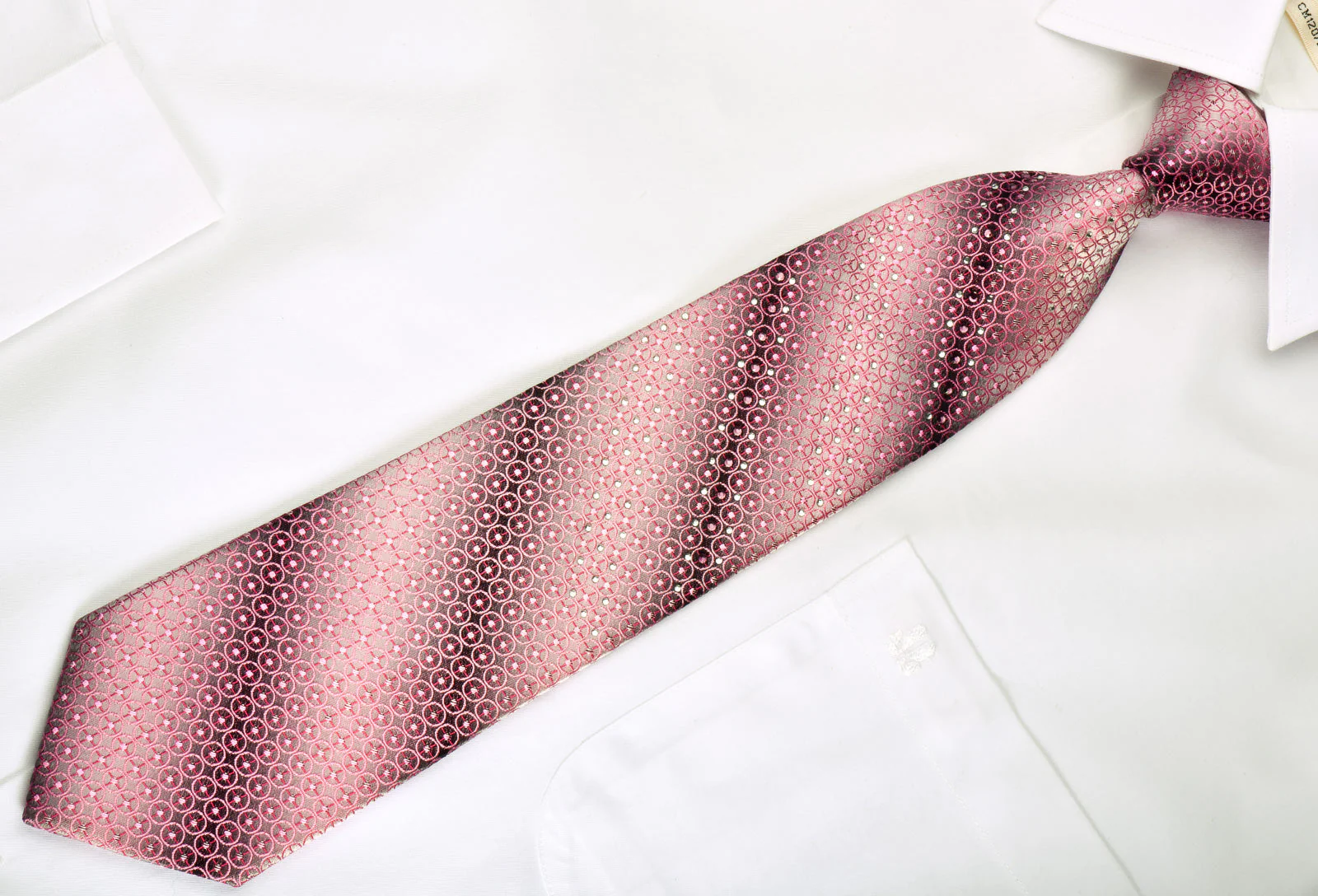 Temolo Rhinestone Silk Necktie Pink Circles On Graduating Silver With Pink Sparkles - Image 3