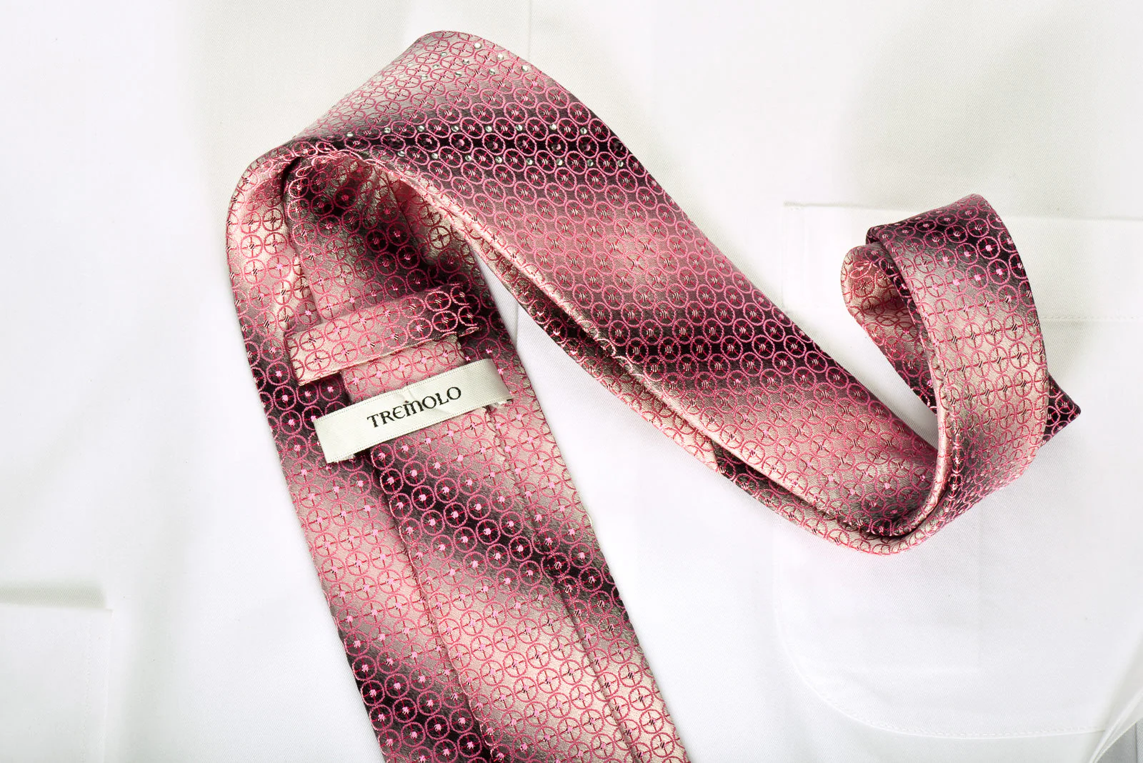 Temolo Rhinestone Silk Necktie Pink Circles On Graduating Silver With Pink Sparkles - Image 4