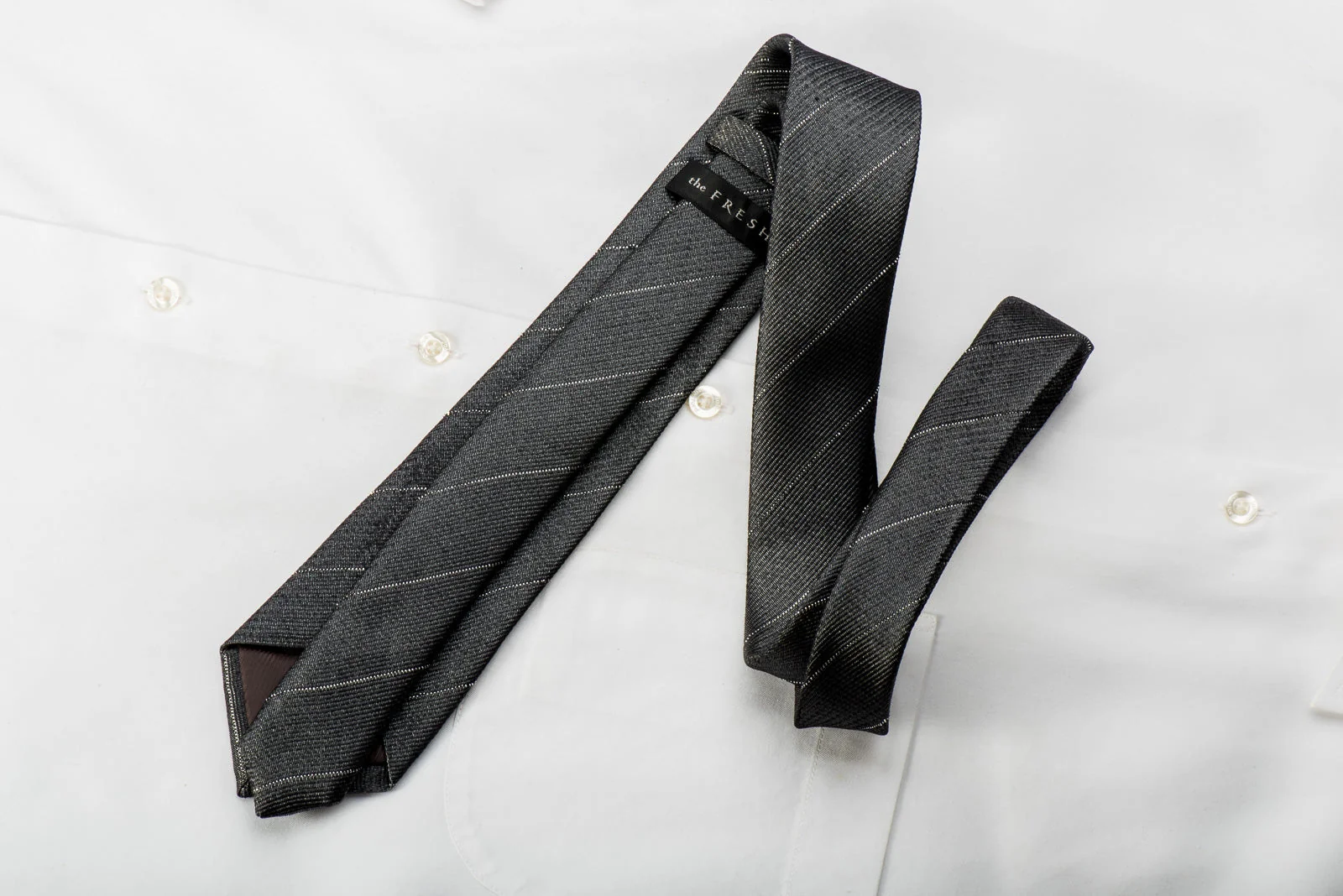 The Fresh Skinny Silk Tie Silver Striped On Dark Gray - Image 5