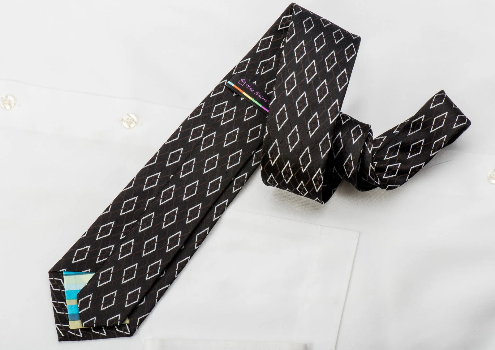The Shirts Studio Skinny Silk Necktie Silver Harlequins On Black - Image 5