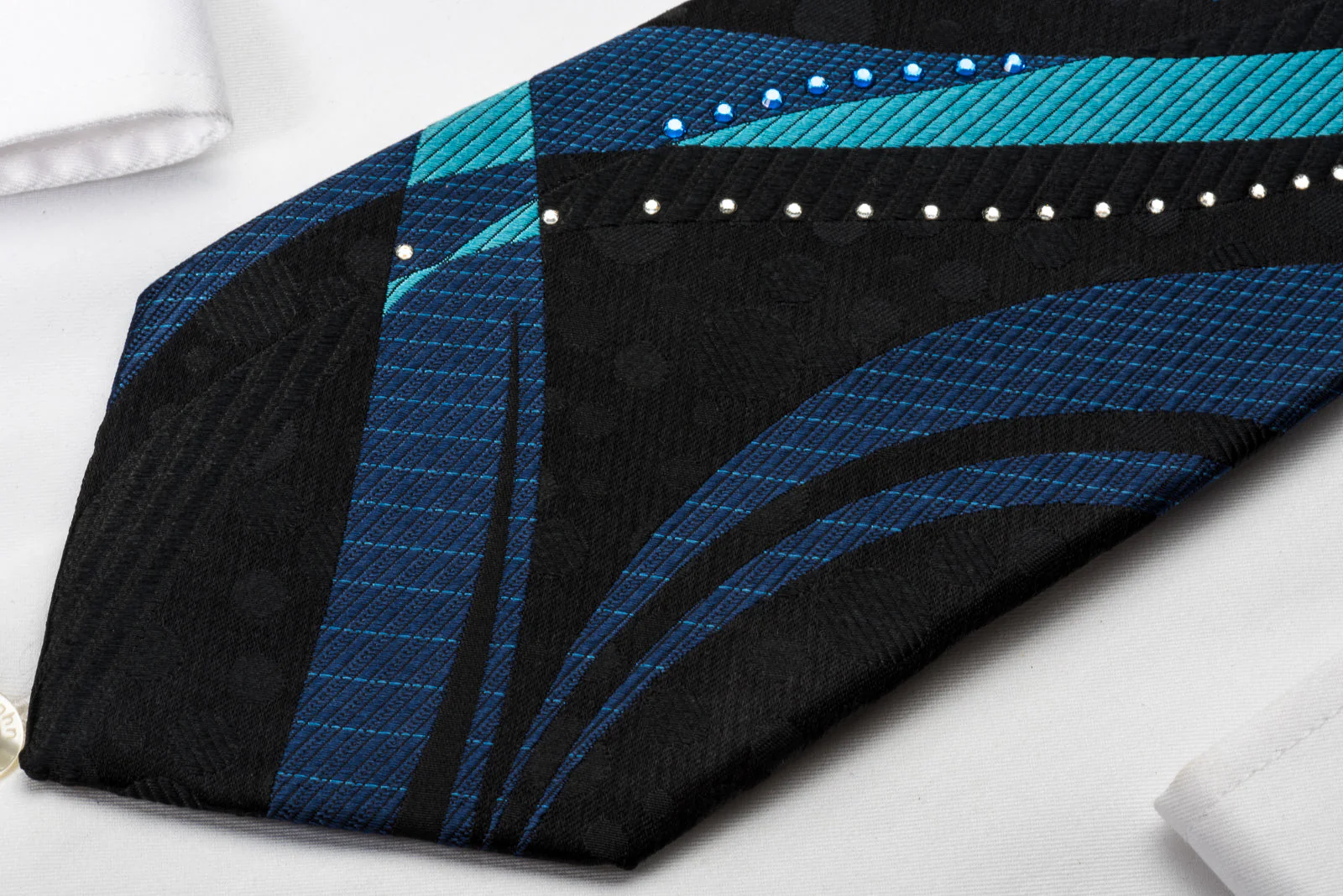 The Tie Story Rhinestone Necktie Blue Waves On Black Silk - Image 6