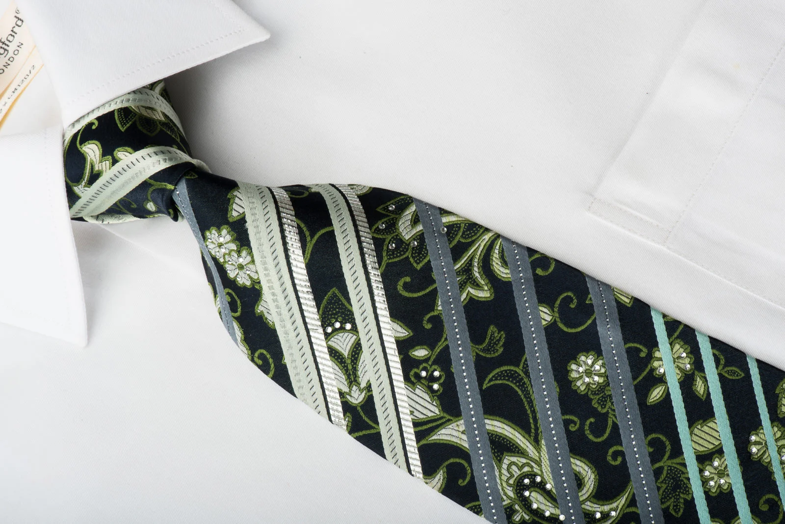 Rhinestone Silk Tie Stripes & Anthemion On Navy With Silver Sparkles - Image 3