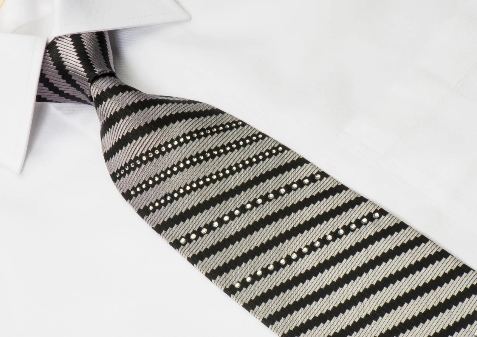 Tino Cosma Men's Woven Silk Rhinestone Neck Tie Silver & Black Stripes - Image 3