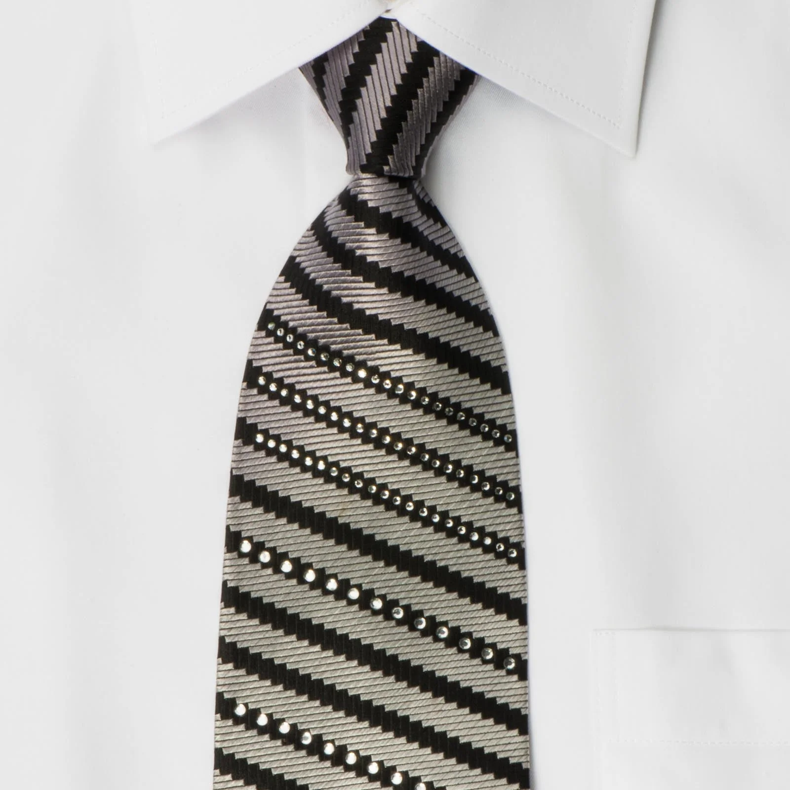 Tino Cosma Men's Woven Silk Rhinestone Neck Tie Silver & Black Stripes - Image 4