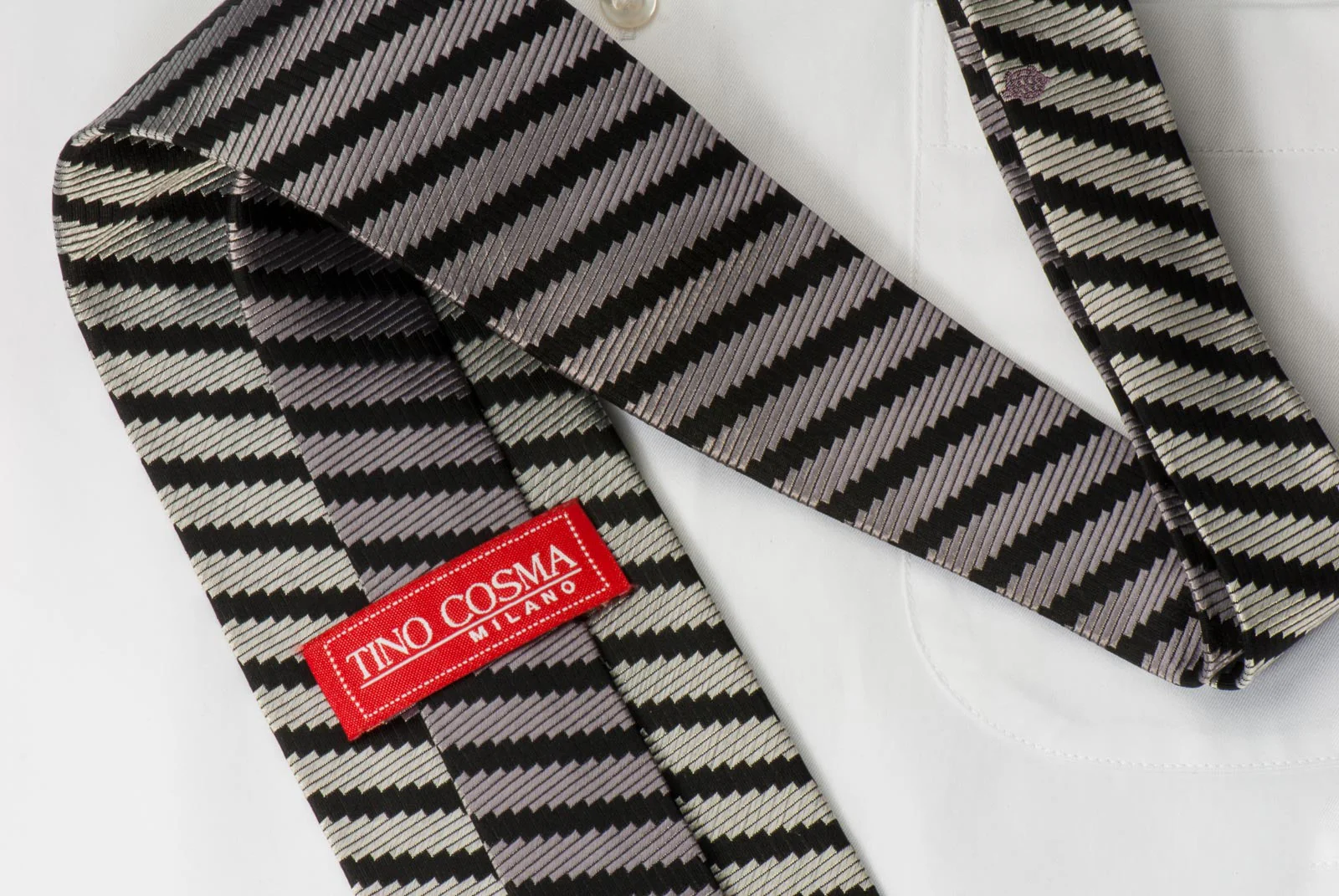 Tino Cosma Men's Woven Silk Rhinestone Neck Tie Silver & Black Stripes - Image 6