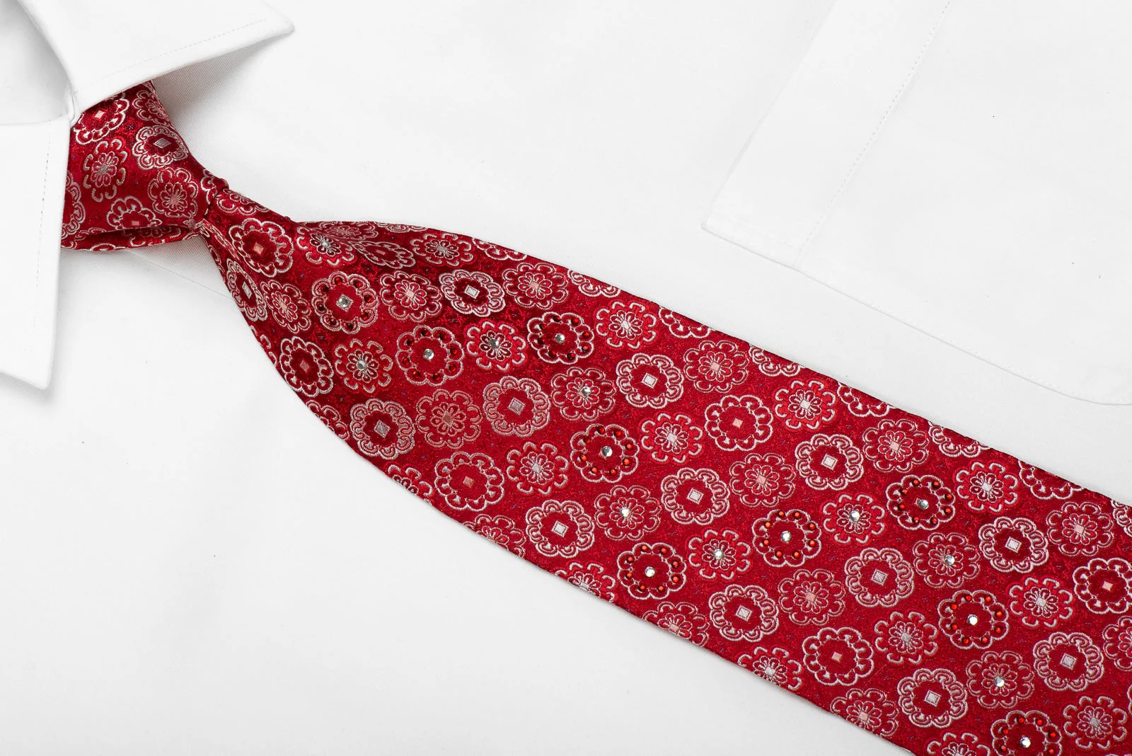Tino Cosma Mens Crystal Silk Tie Medallions On Red Sparkling With Rhinestones - Image 4