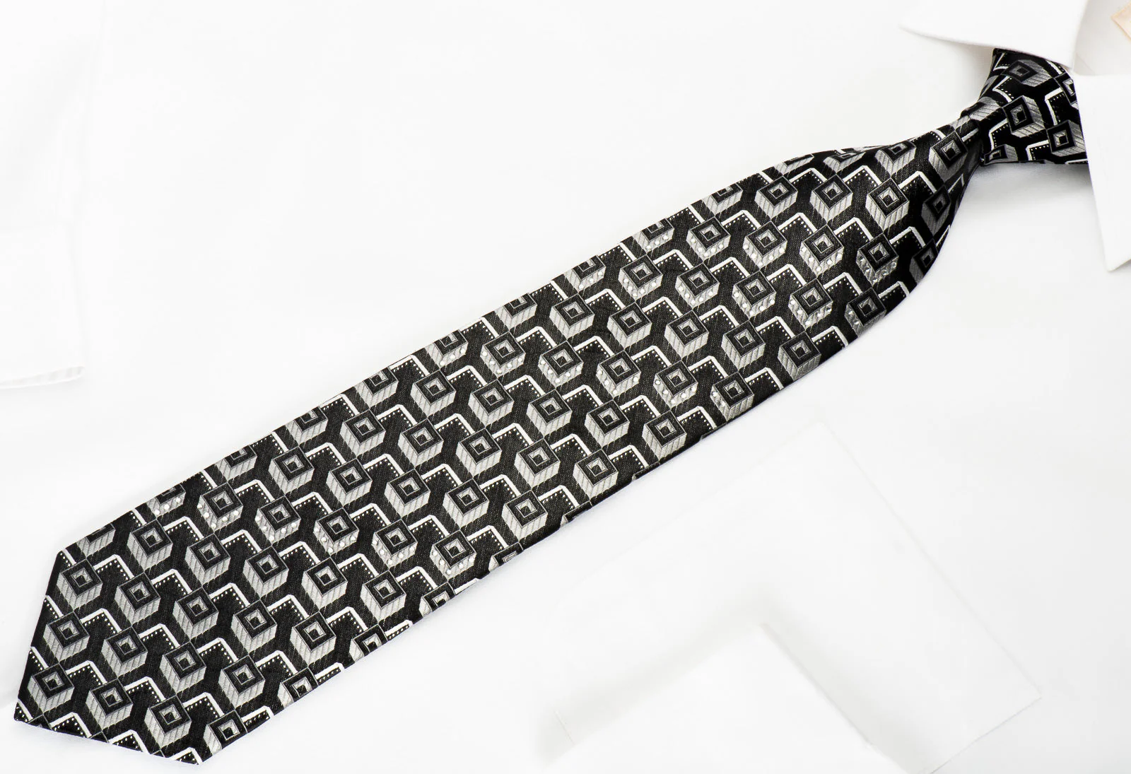 Tino Cosma Rhinestone Silk Necktie Silver Geometric On Black With Silver Sparkles - Image 2