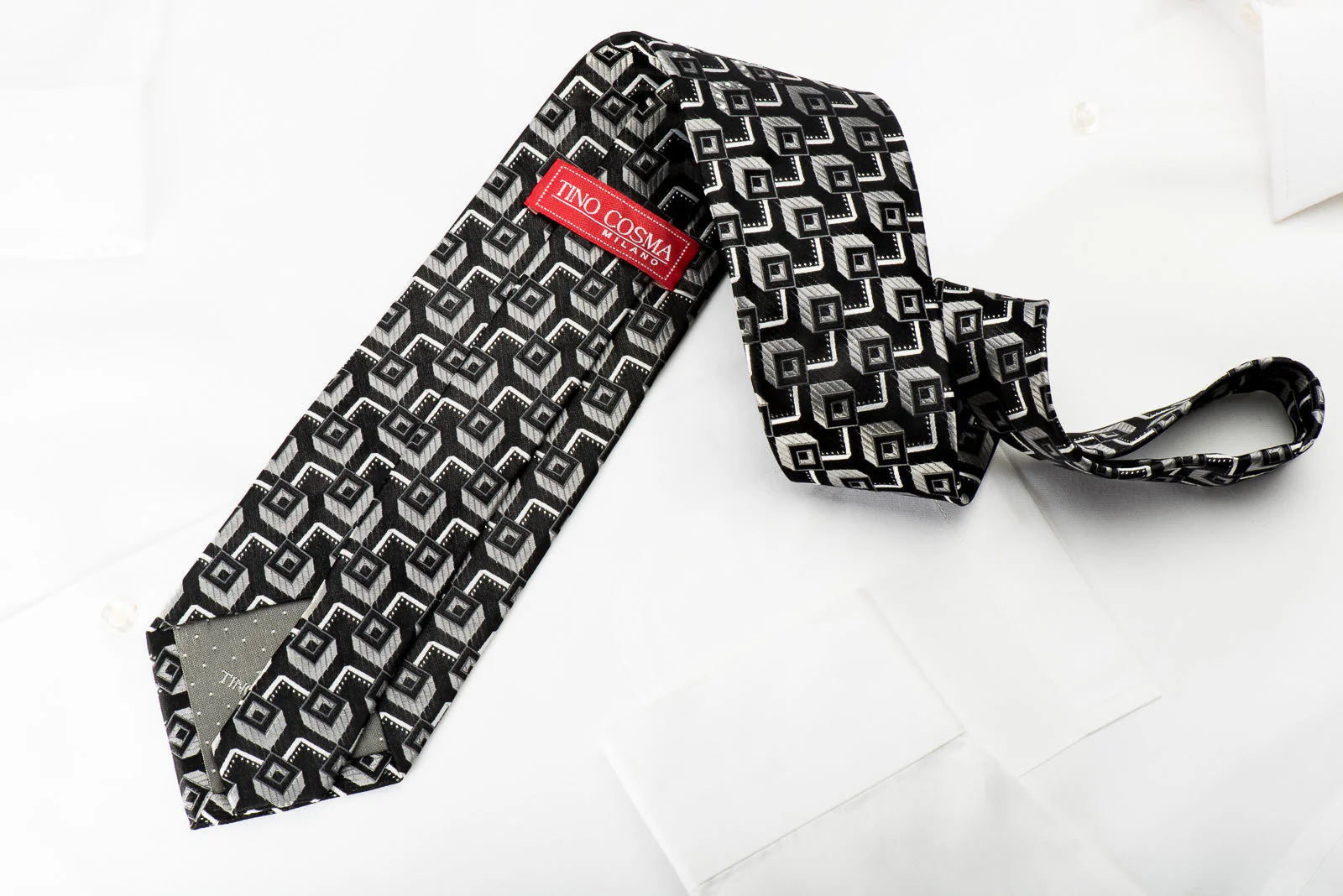 Tino Cosma Rhinestone Silk Necktie Silver Geometric On Black With Silver Sparkles - Image 3