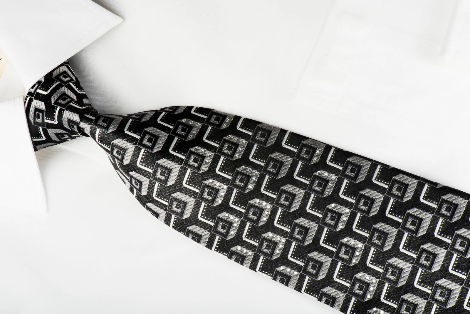 Tino Cosma Rhinestone Silk Necktie Silver Geometric On Black With Silver Sparkles - Image 4