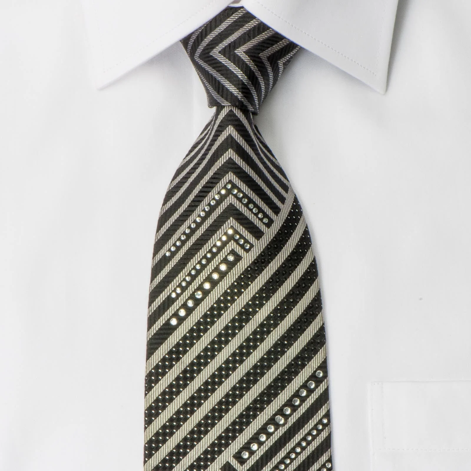 Tino Cosma Rhinestone Tie Silver Chevron V Stripes On Black Silk With Silver Sparkles - Image 3