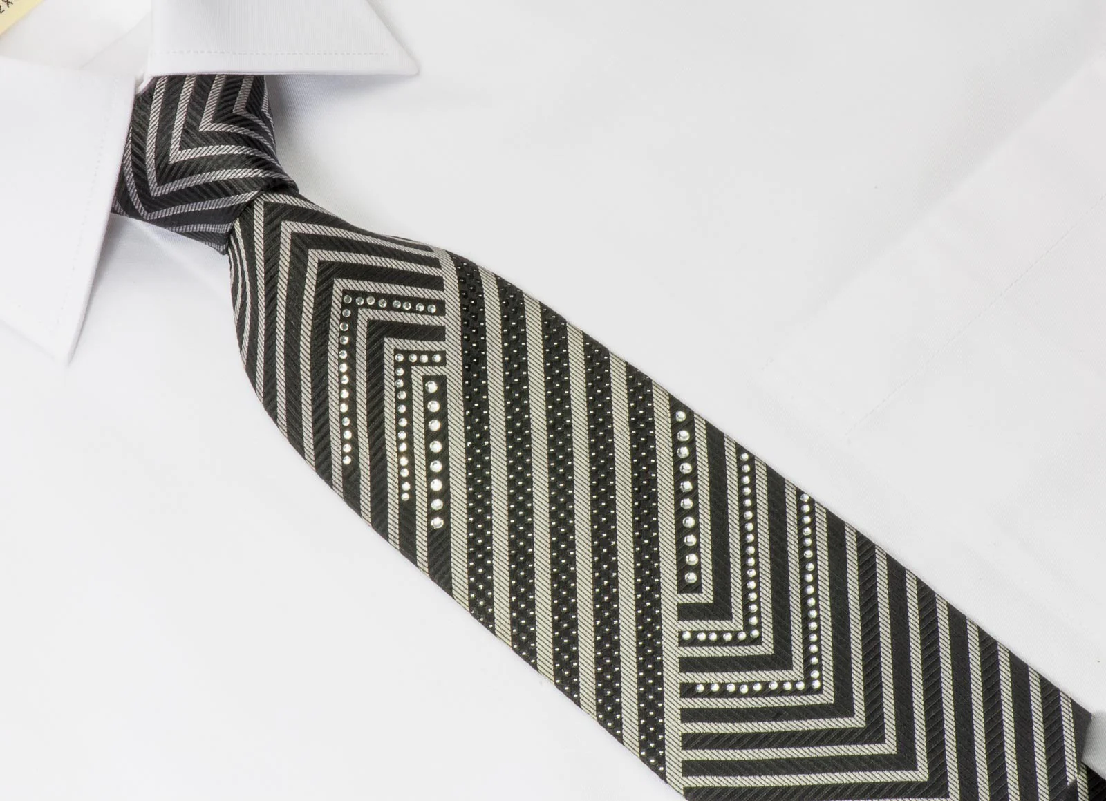 Tino Cosma Rhinestone Tie Silver Chevron V Stripes On Black Silk With Silver Sparkles - Image 4