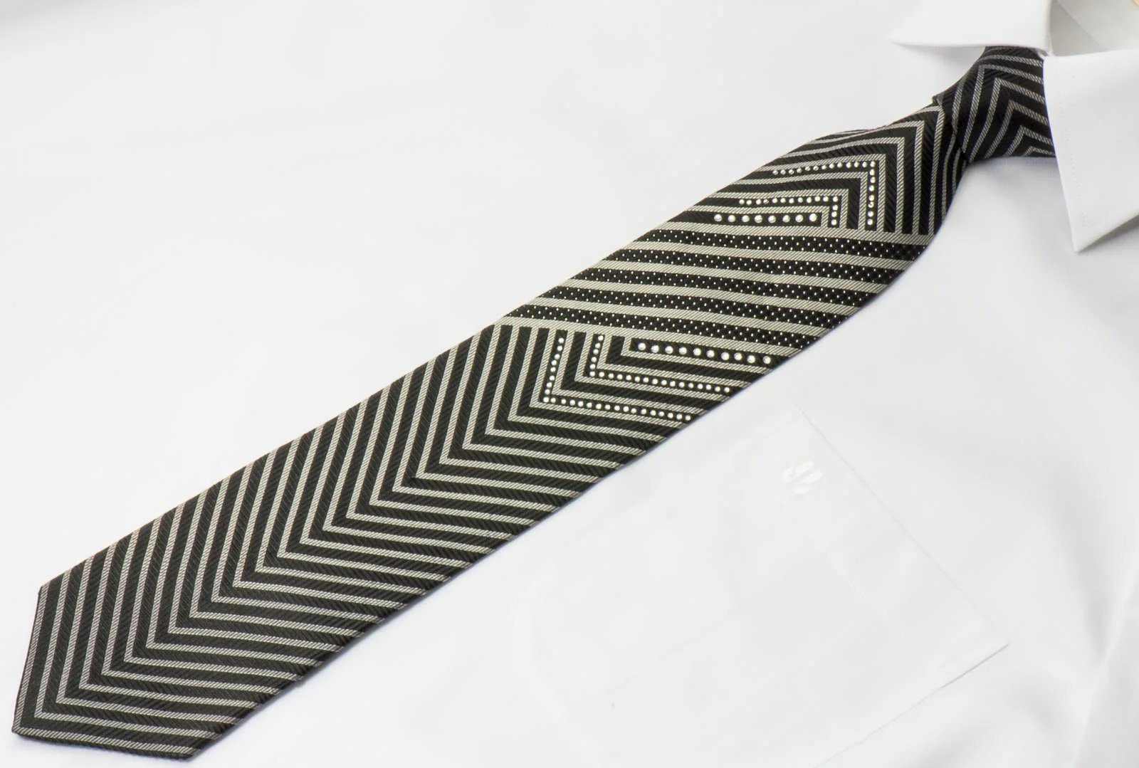 Tino Cosma Rhinestone Tie Silver Chevron V Stripes On Black Silk With Silver Sparkles - Image 6