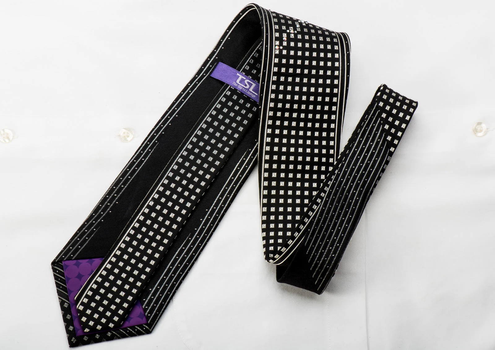TLS Black Rhinestone Tie Silver Squares On Black With Sparkles - Image 6