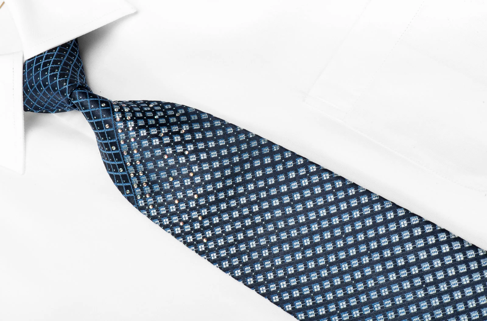 TLS Men's Crystal Silk Necktie Silver Checker Trellis On Blue With Sparkles - Image 3