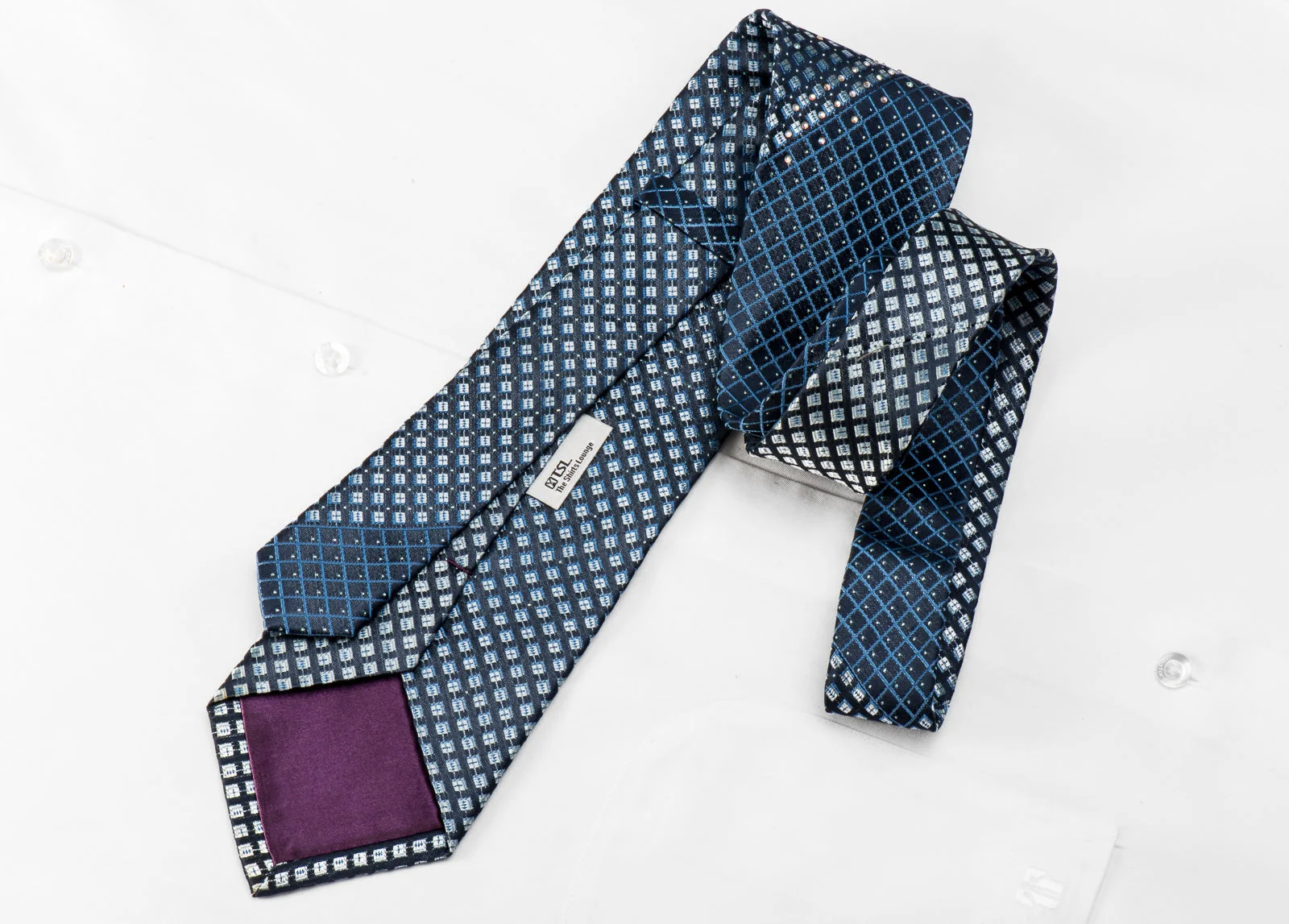 TLS Men's Crystal Silk Necktie Silver Checker Trellis On Blue With Sparkles - Image 4