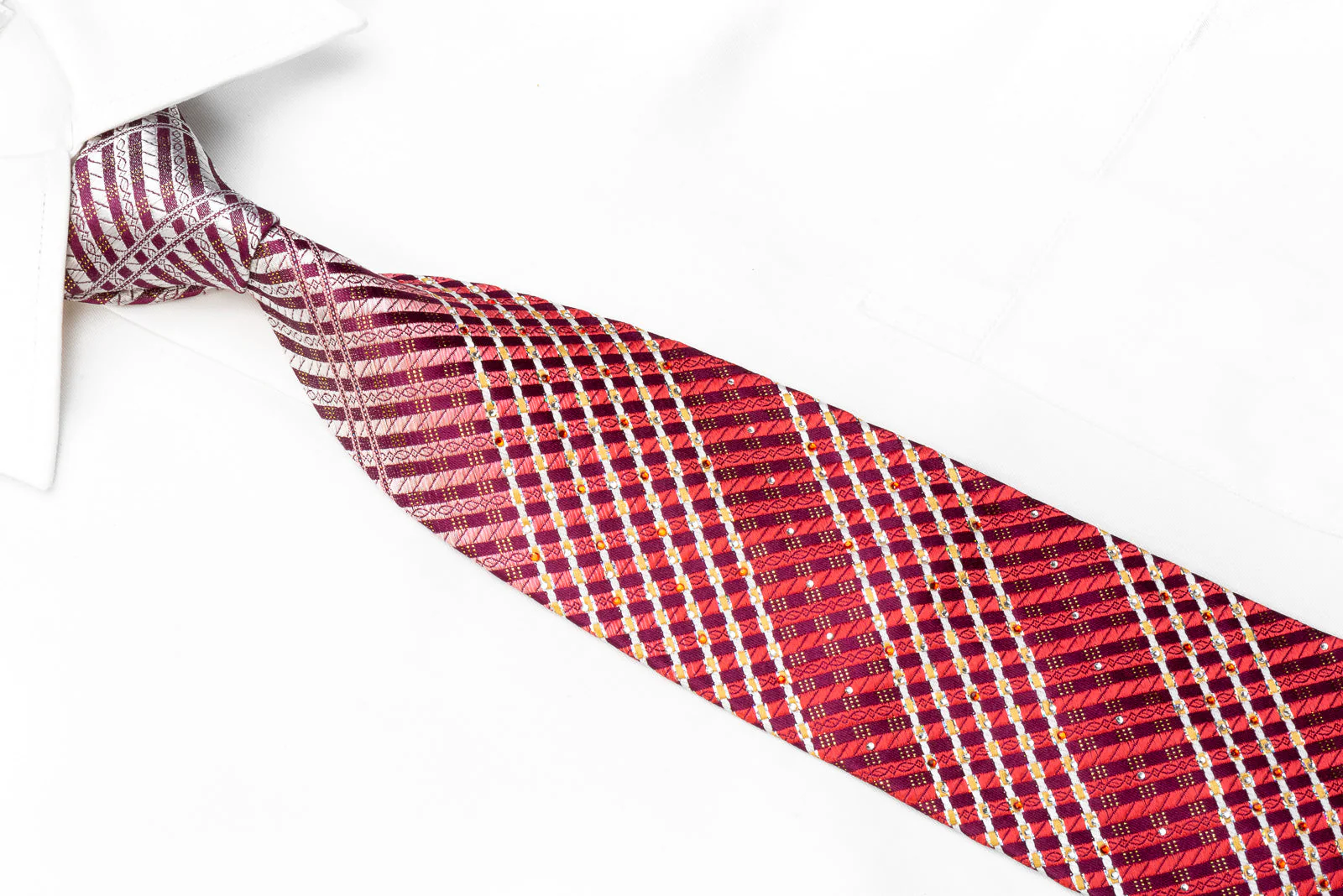 TLS Men's Rhinestone Silk Necktie Silver Red Striped On Burgundy With silver Sparkles - Image 2
