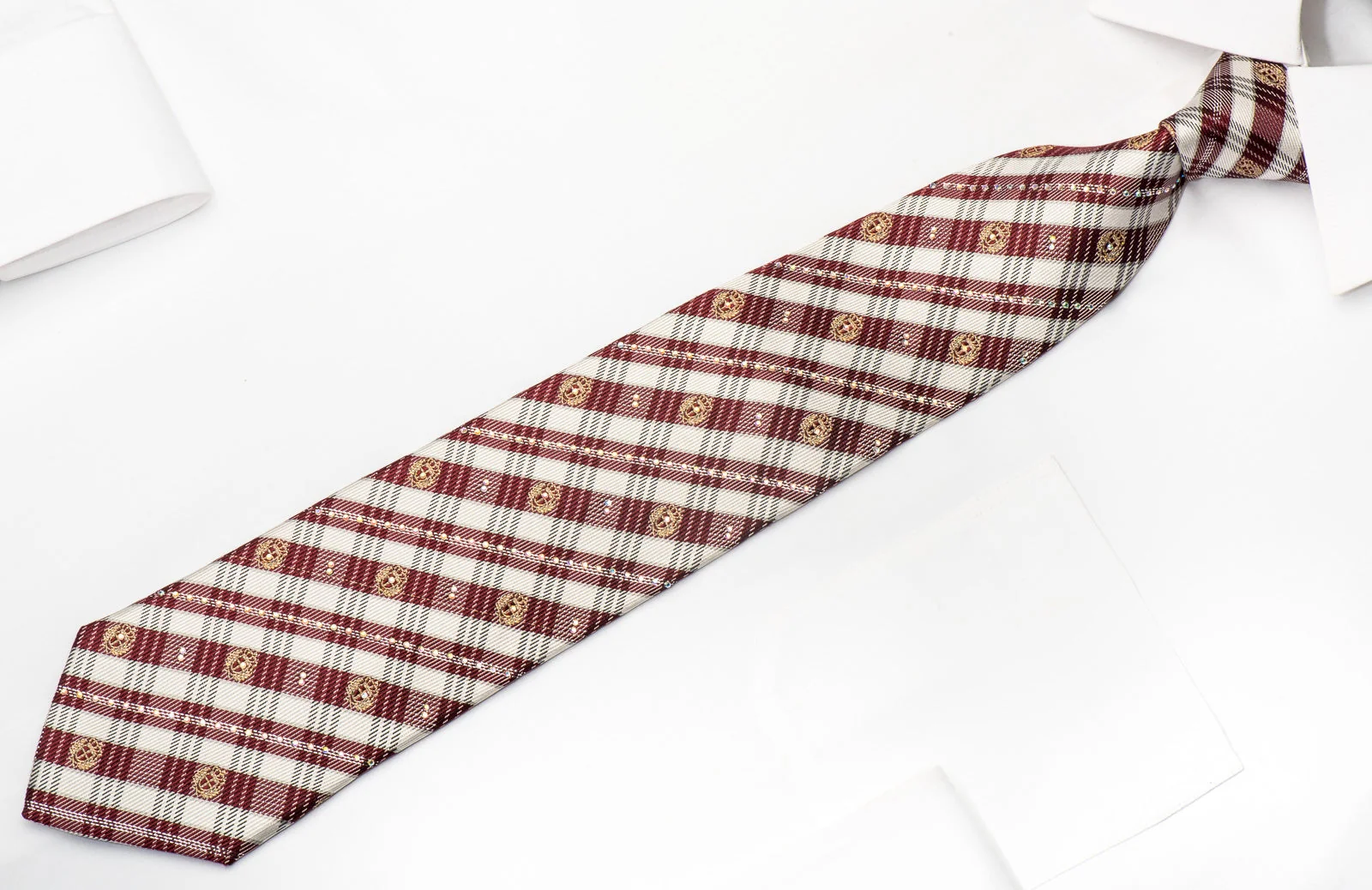 TLS Mens Crystal Rhinestone Necktie Burgundy Ivory Plaids With Silver Sparkles - Image 4