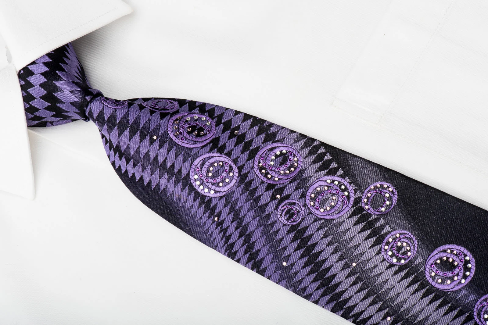 TLS Mens Rhinestone Necktie Checker Waves On Purple With Sparkles - Image 3
