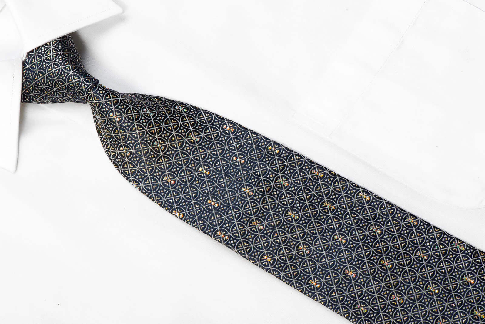 TLS Rhinestone Necktie Silver Trellis On Navy With Sparkles - Image 2