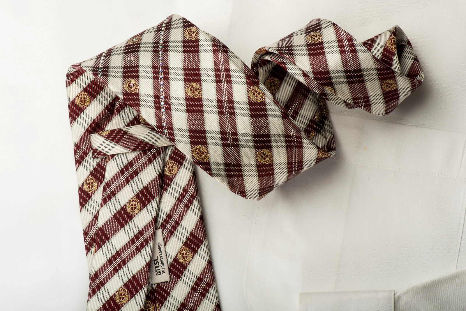 TLS Rhinestone Silk Necktie Burgundy Ivory Plaid With Rhinestones & Sparkles - Image 5
