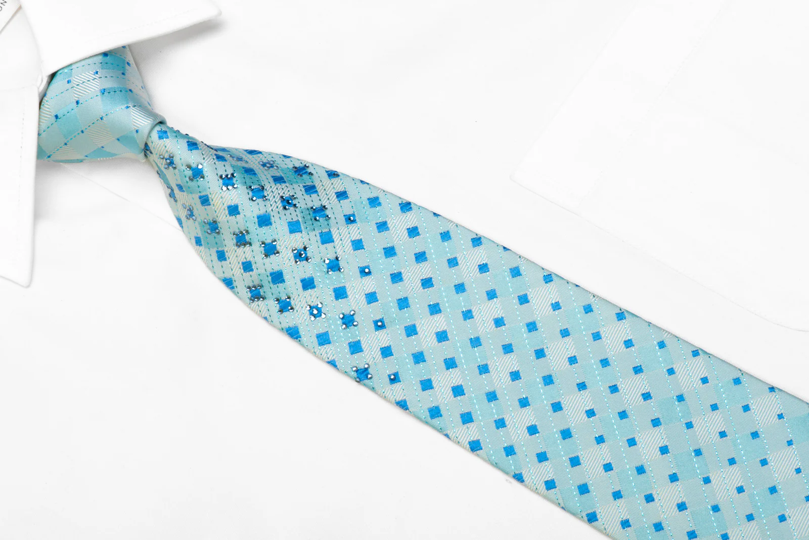 TLS Rhinestone Silk Necktie Light Blue Checkered With Sparkles - Image 2