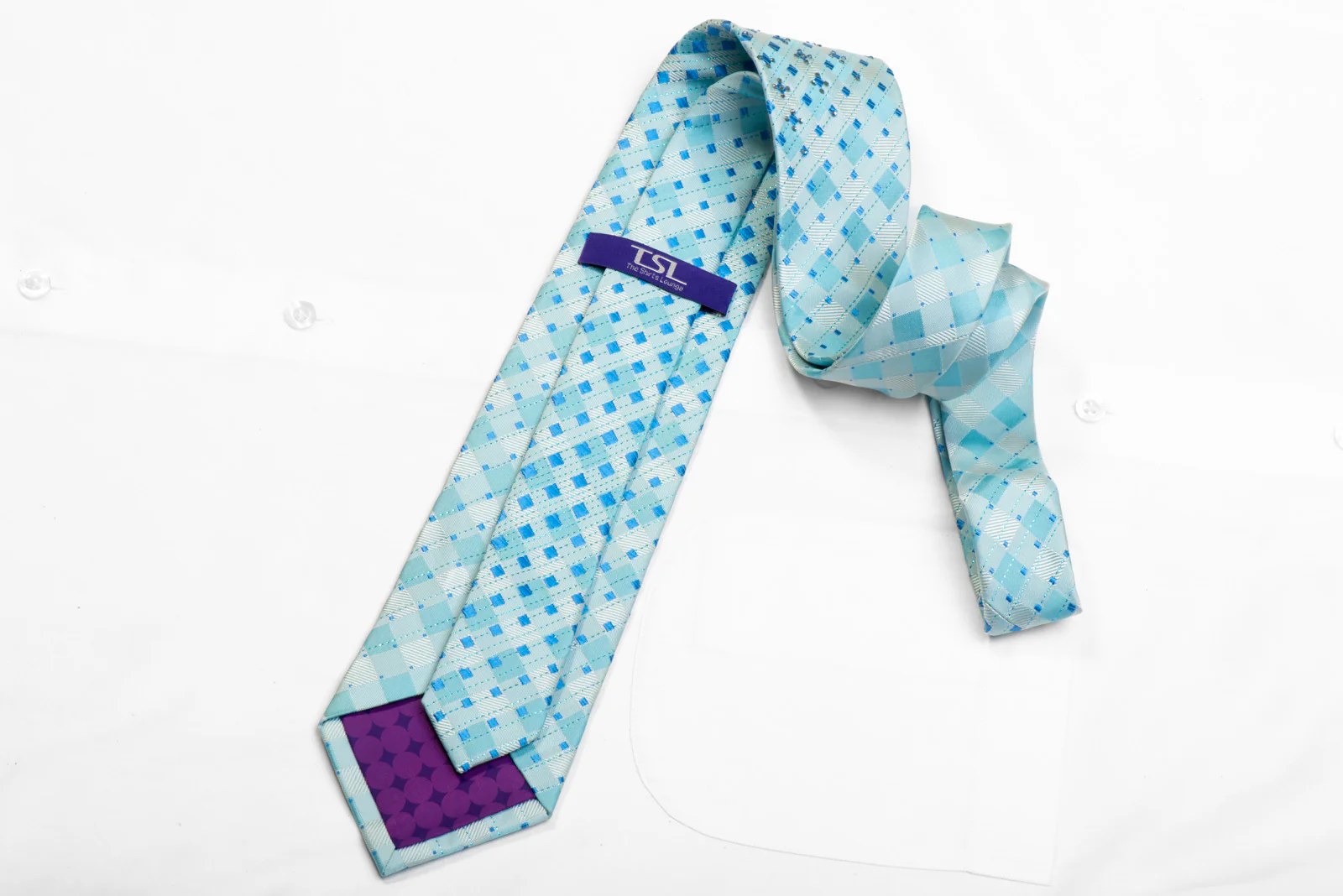 TLS Rhinestone Silk Necktie Light Blue Checkered With Sparkles - Image 4