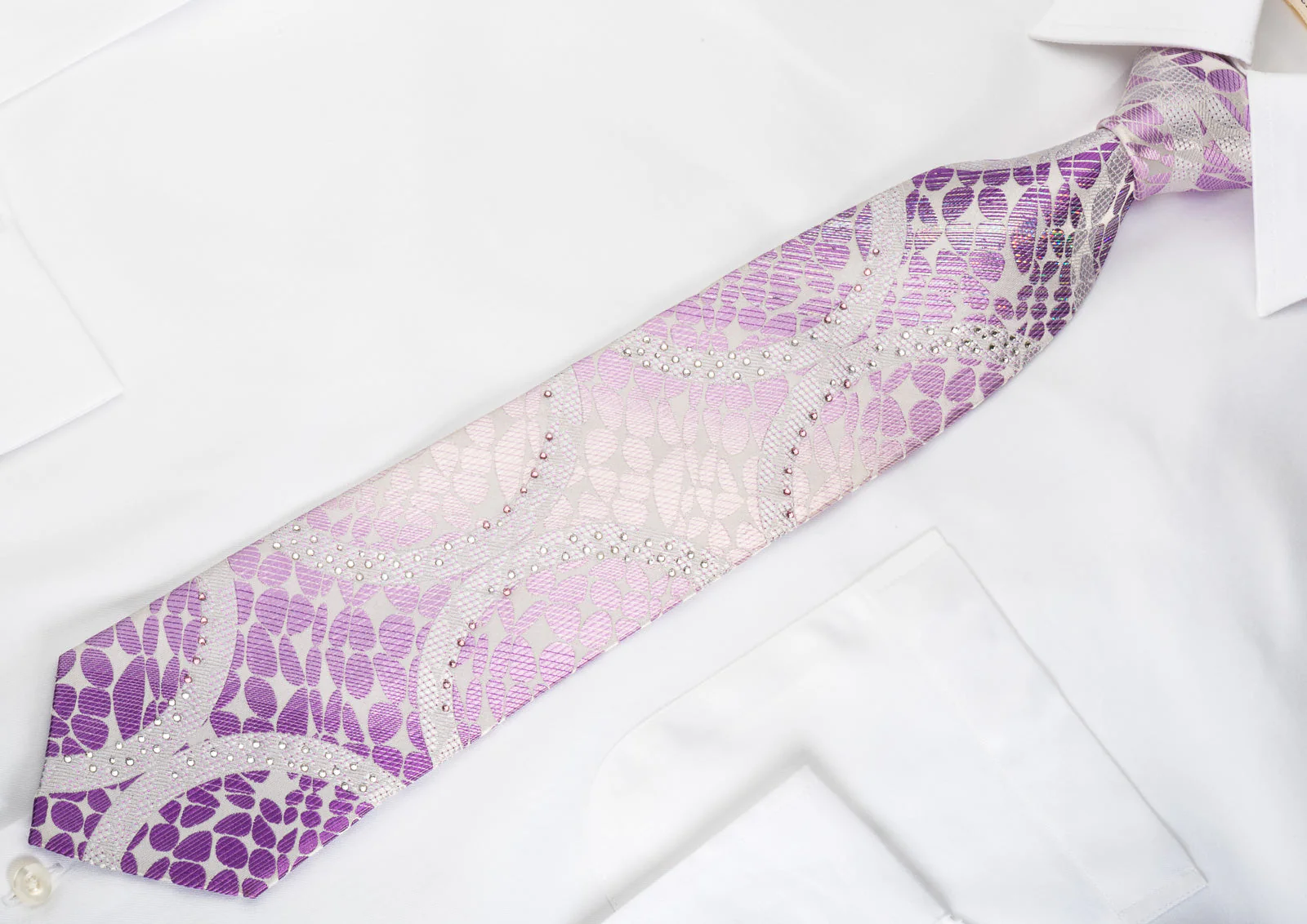TLS Rhinestone Silk Necktie Mauve Purple Novelty On White Silk With Sparkles - Image 4