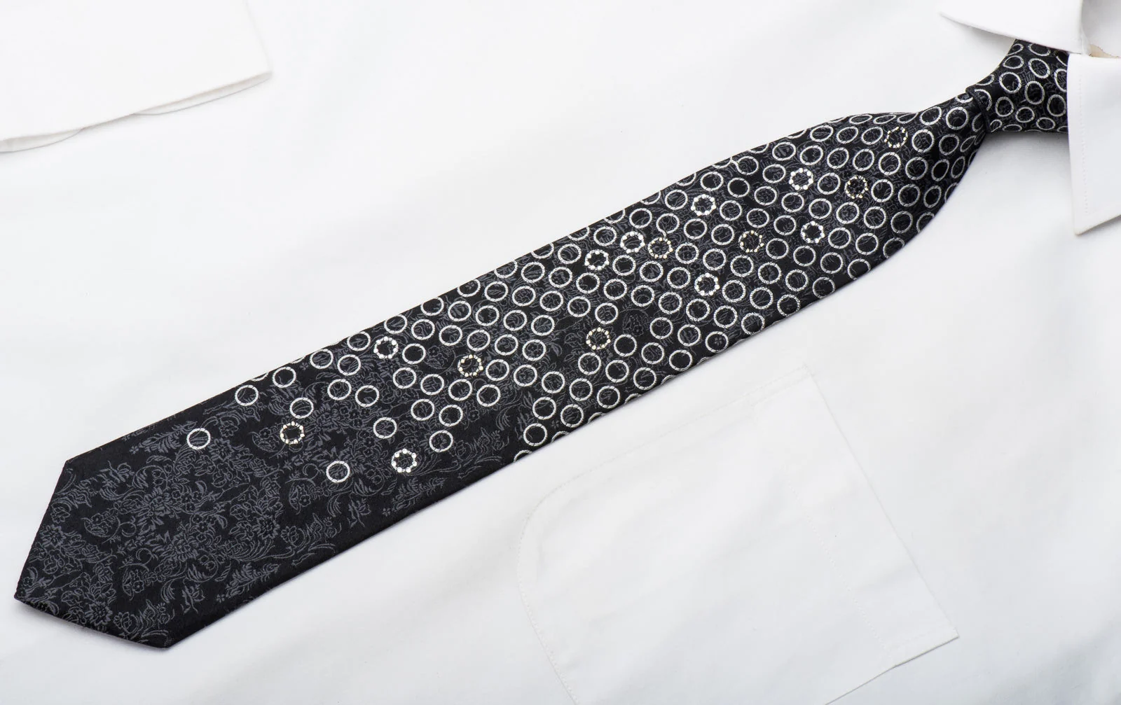 TLS Mens Rhinestone Silk Necktie Silver Circles On Black With Sparkles - Image 4