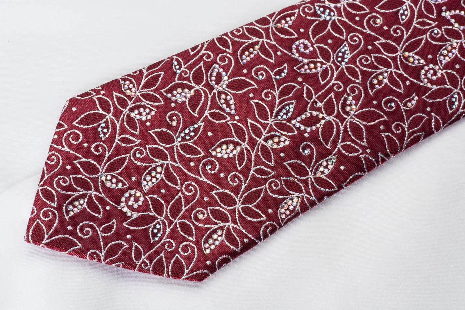 TLS Rhinestone Silk Necktie Silver Vines On Burgundy With Silver Sparkles - Image 3