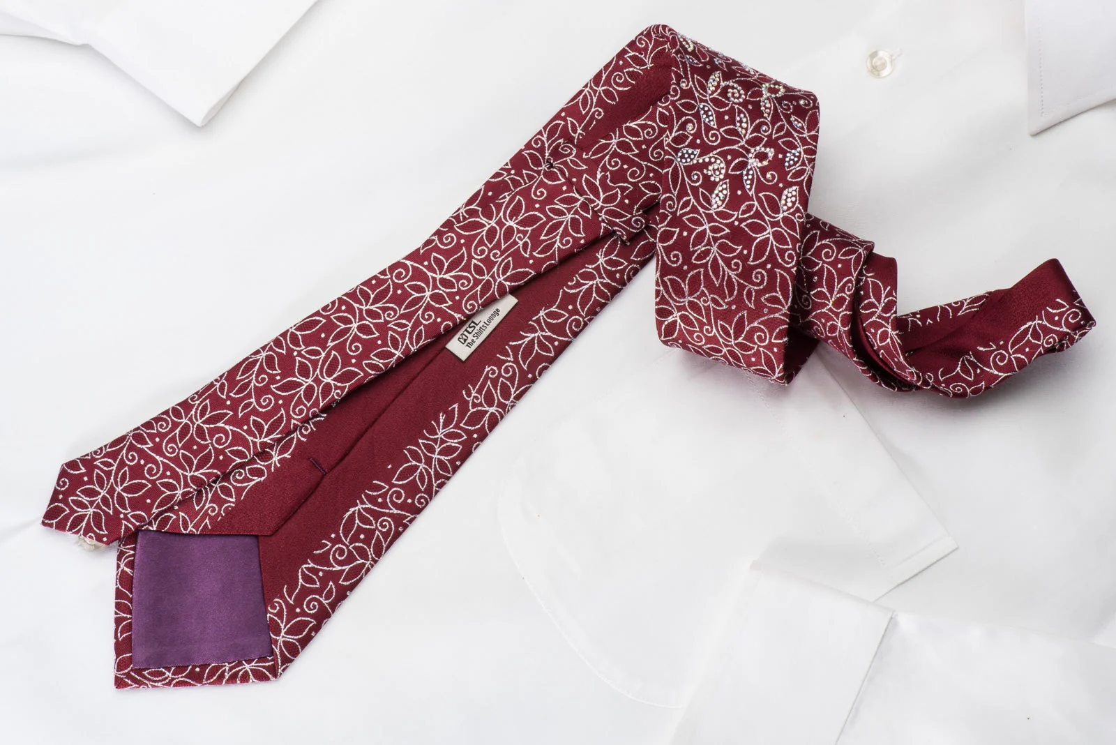 TLS Rhinestone Silk Necktie Silver Vines On Burgundy With Silver Sparkles - Image 5